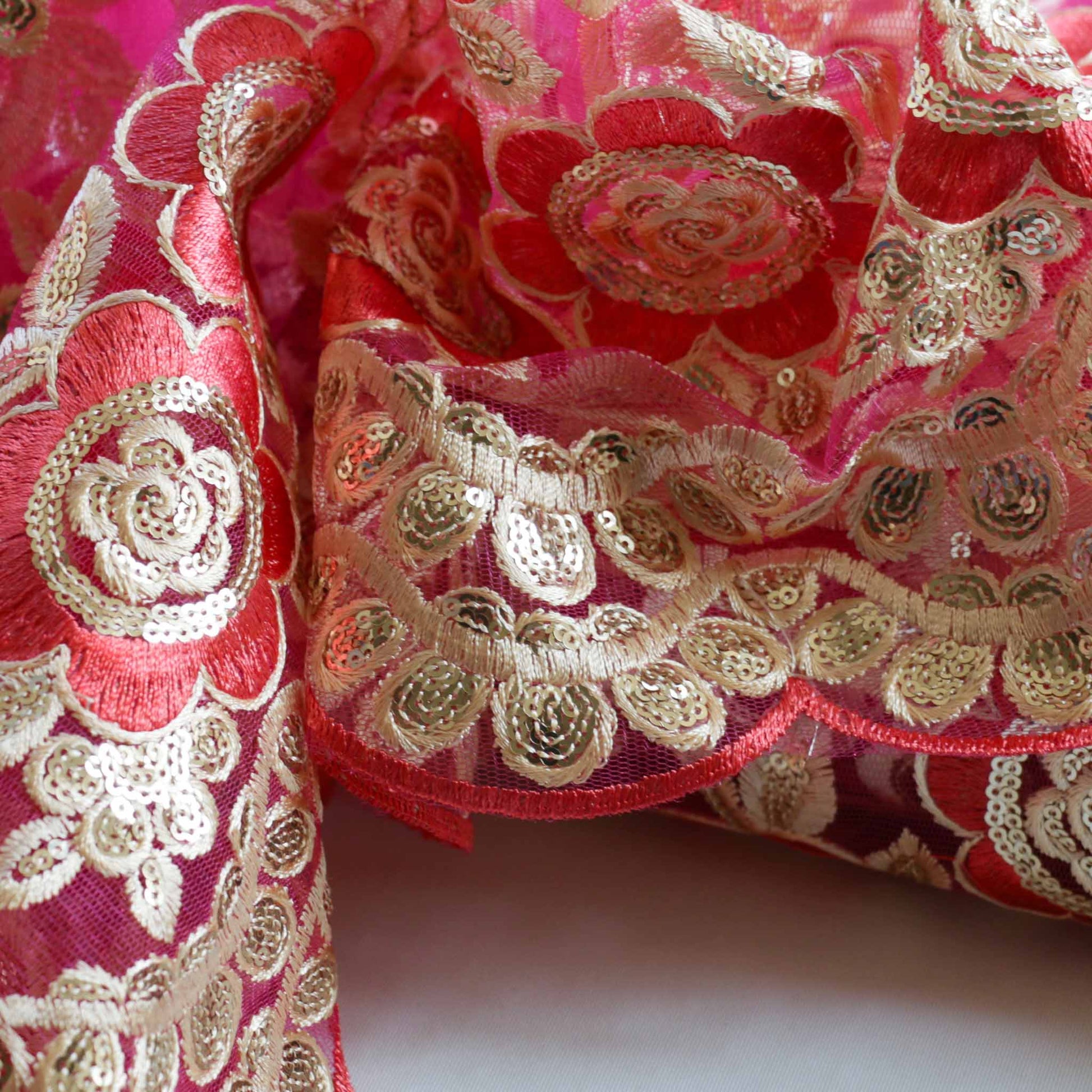 elegant gold embroidered pink lace Indian inspired fabric for dressmaking