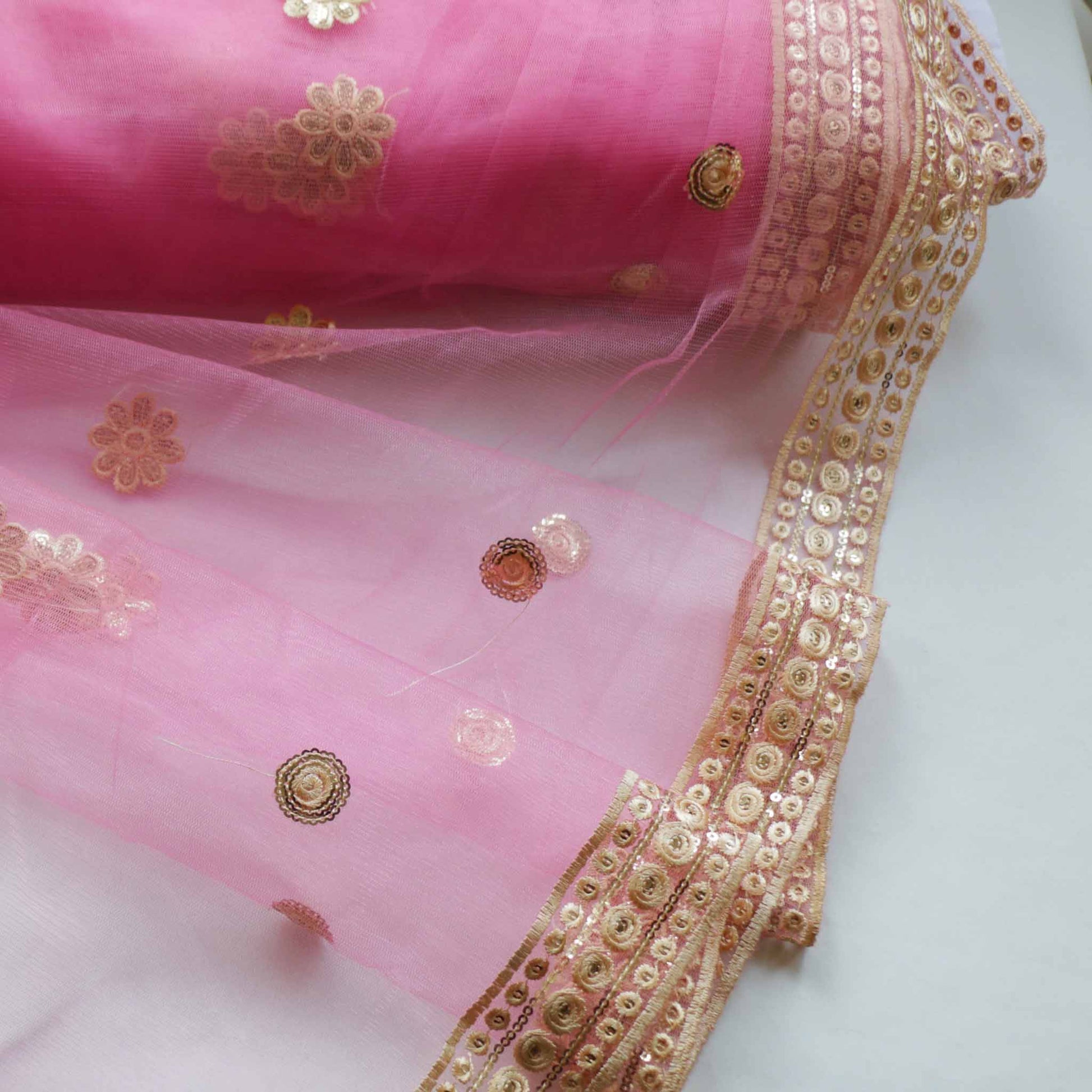 pink and gold tulle dressmaking Indian fabric