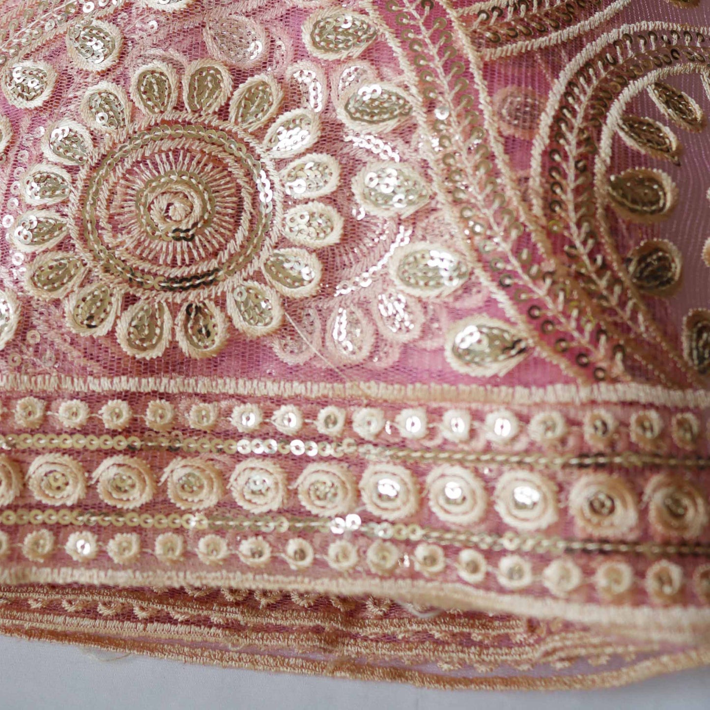 elegant gold embroidered pink tulle Indian fabric for dressmaking
