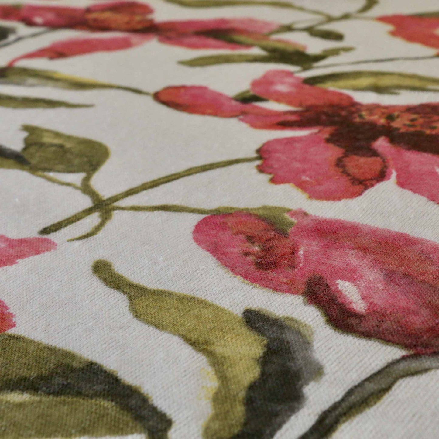 white linen jersey dressmaking fabric with pink flower print