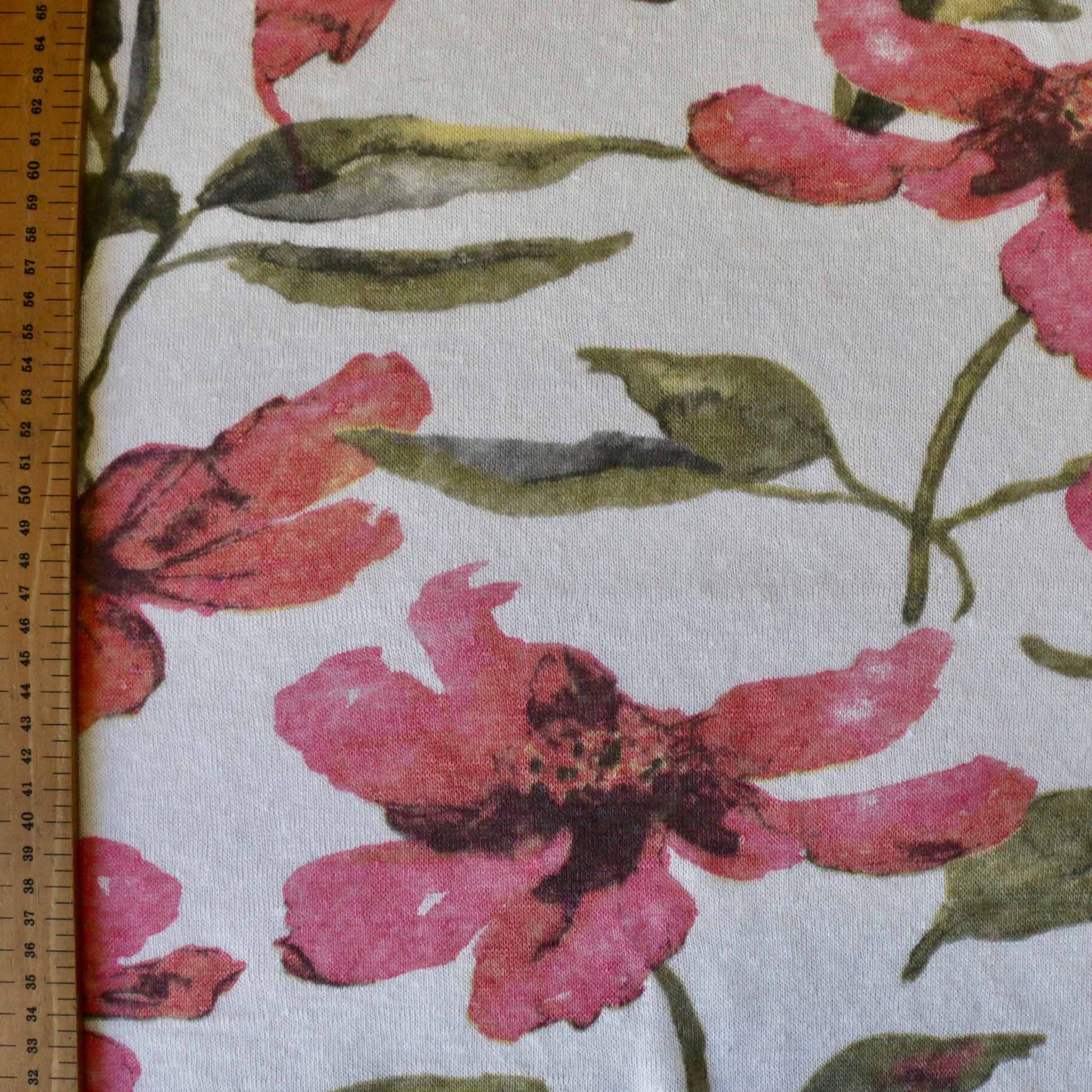 metre floral pink and white linen jersey fabric for dressmaking