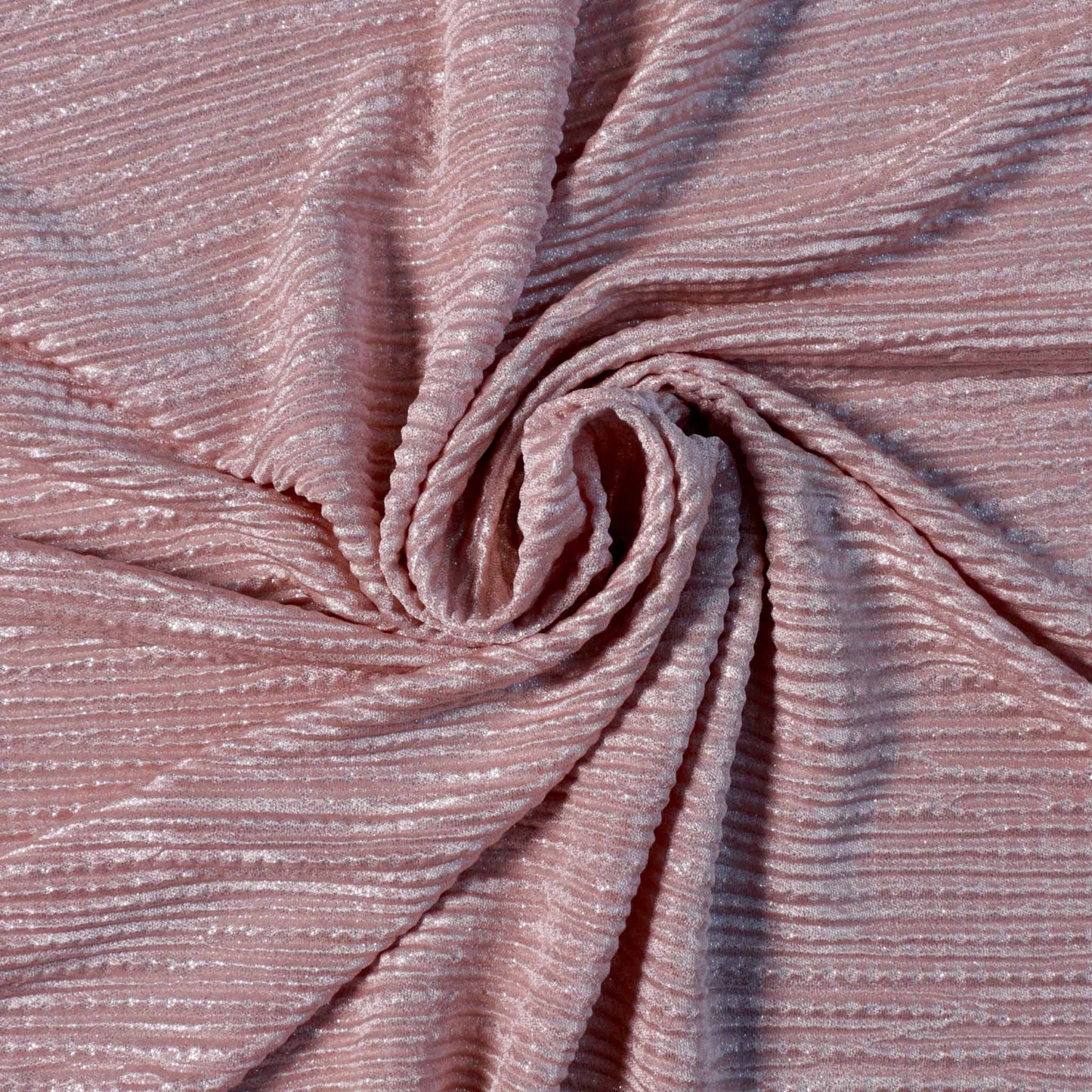 stretchy pleated plisse dressmaking fabric in pink with silver shimmer effect