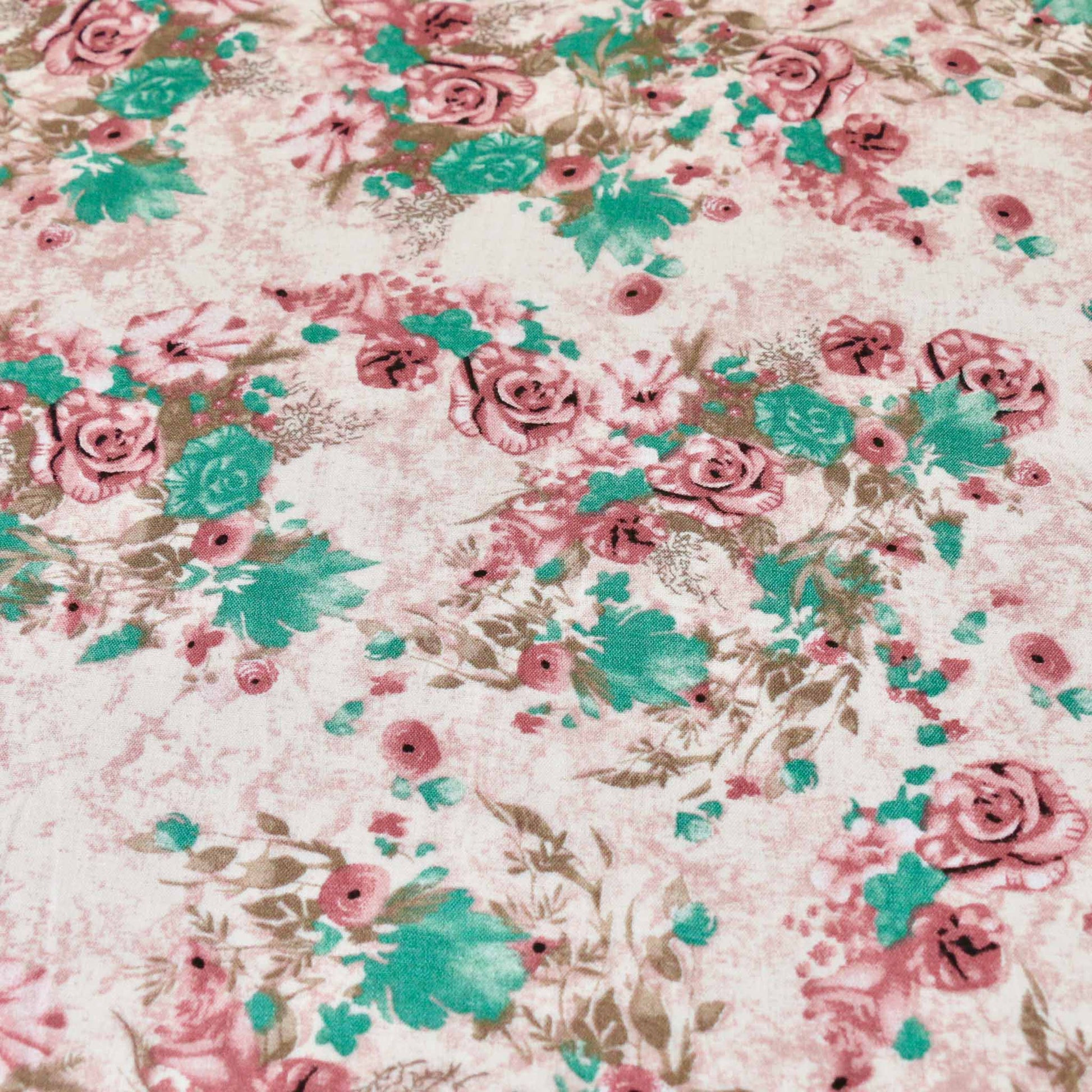 dusty pink and turquoise viscose challis dressmaking rayon fabric with classical floral print