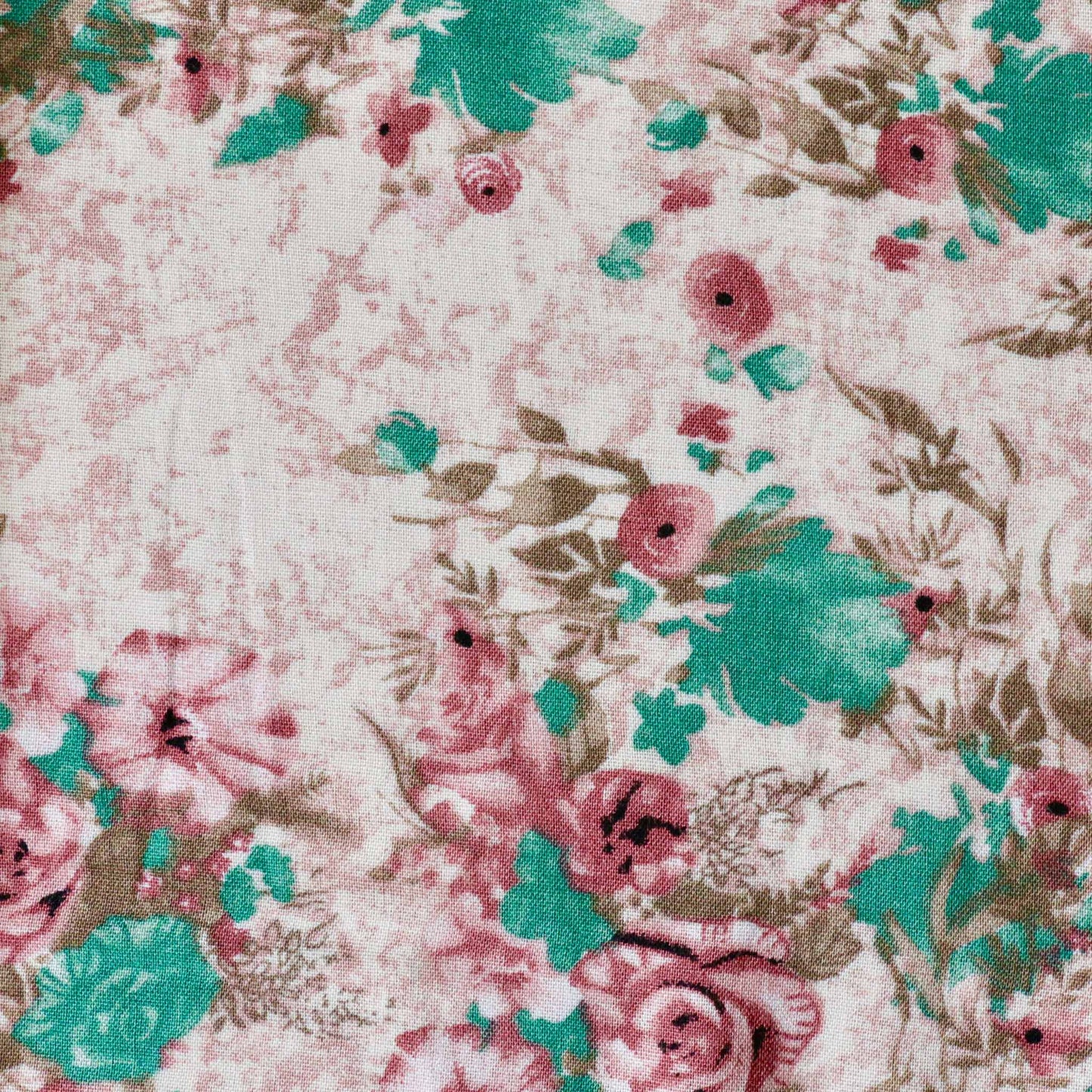 dusty pink viscose challis dressmaking fabric with turquoise classical floral print