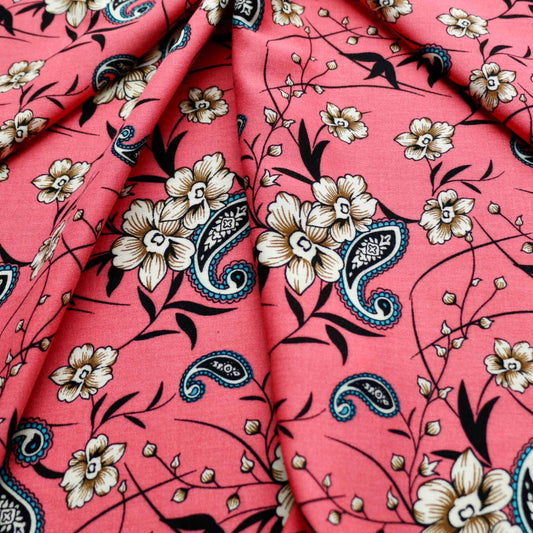 pink viscose challis dressmaking rayon fabric with classic pattern and floral print