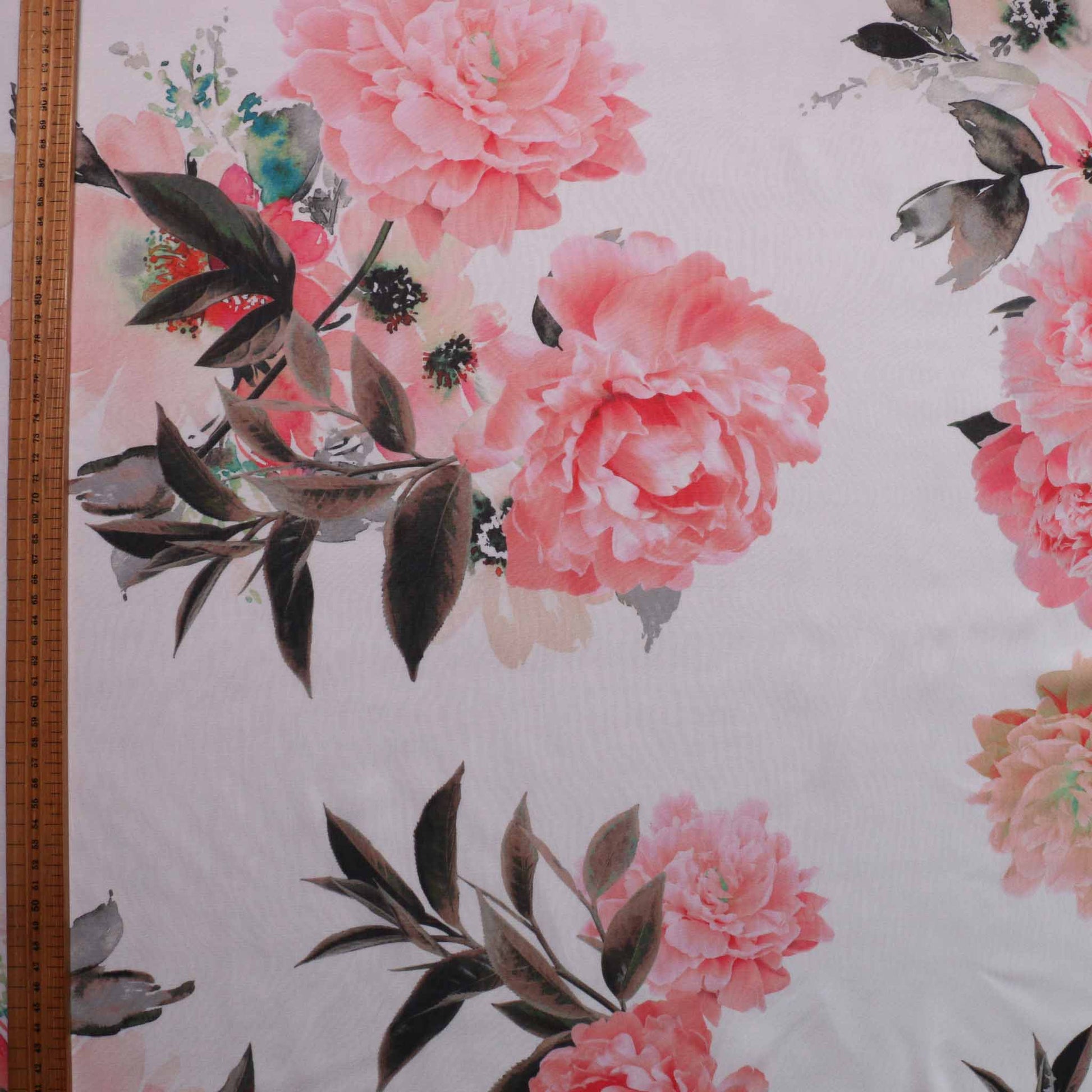 metre white chiffon dressmaking fabric with red and pink rose flower print