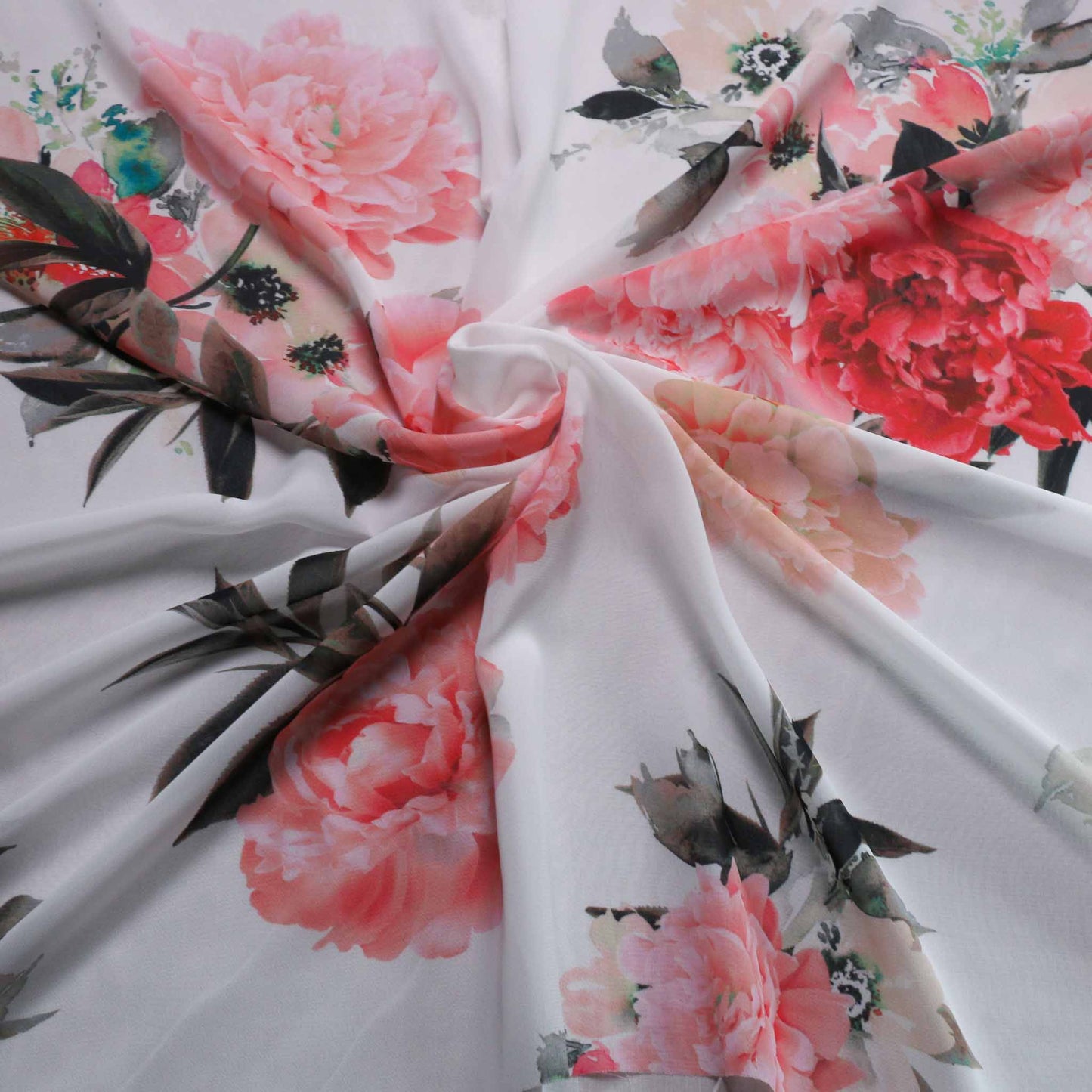 pink and white chiffon dressmaking fabric with floral flower print