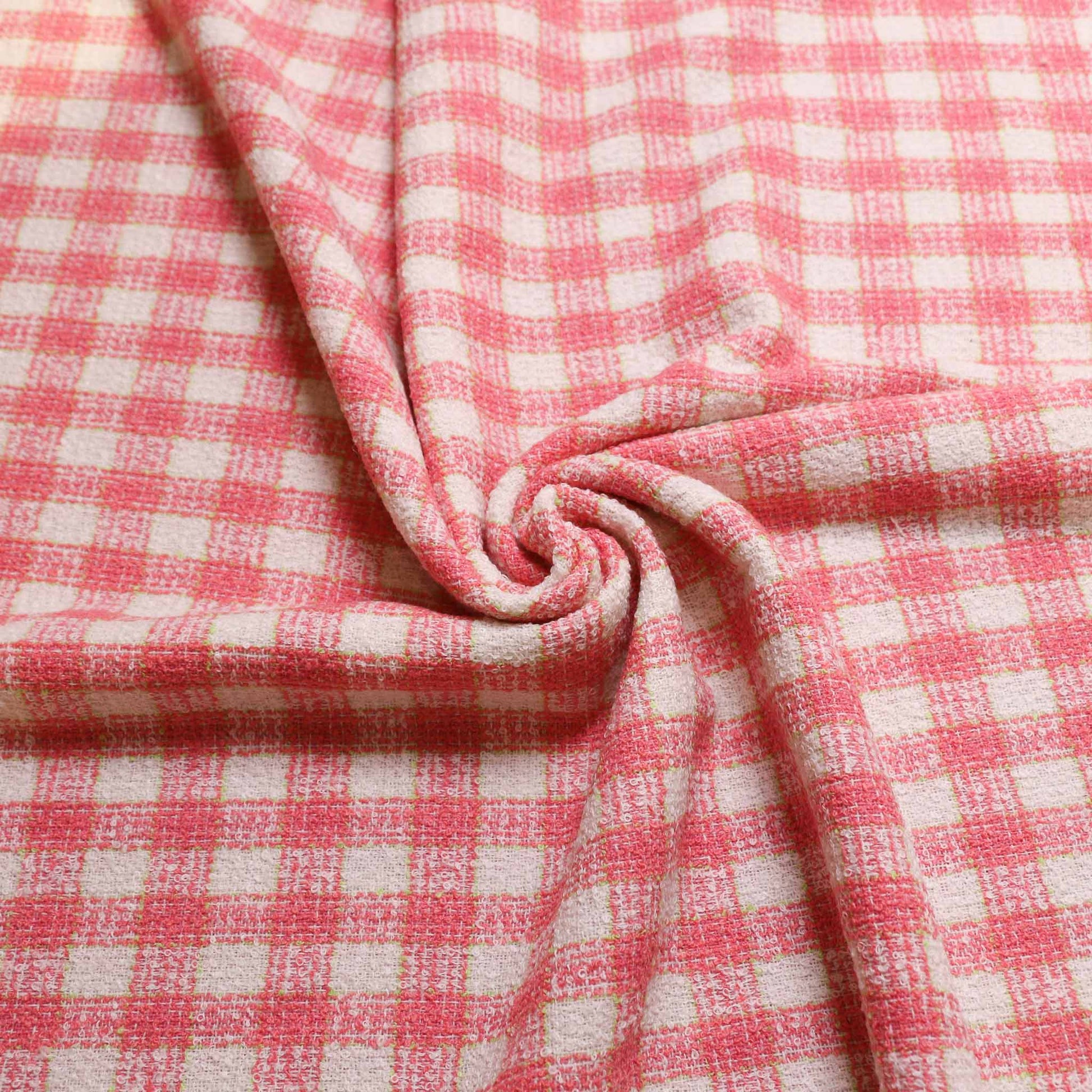 wool blend pink white boucle fabric with check pattern for dressmaking