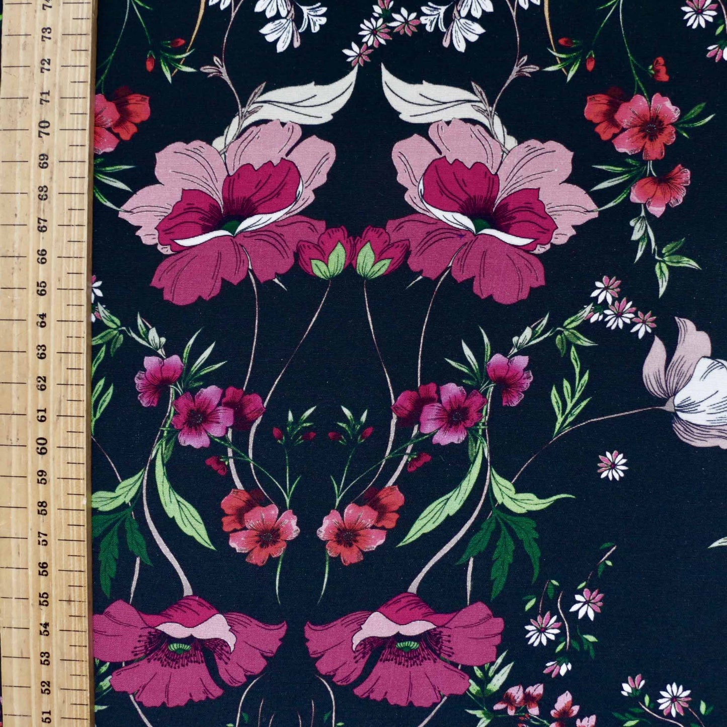 metre black viscose challis nature inspired purple printed dressmaking fabric