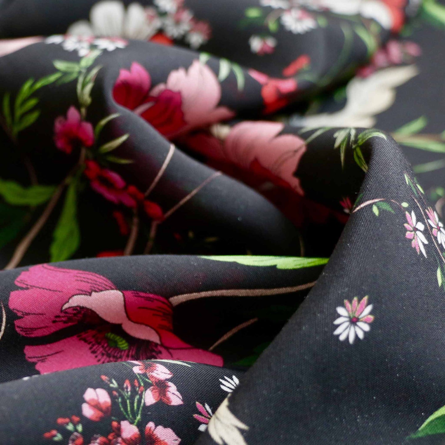 floral printed black viscose challis dressmaking rayon fabric with purple and white flowers