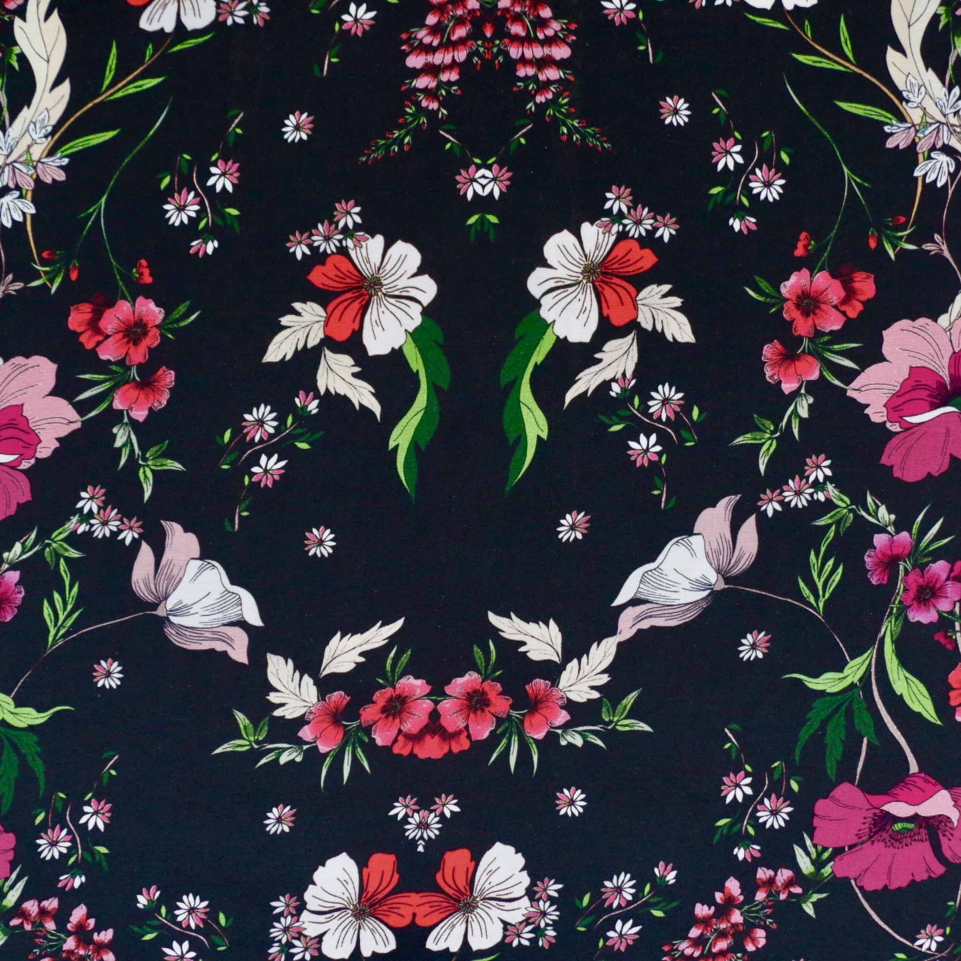black viscose challis dressmaking rayon fabric with floral nature print design
