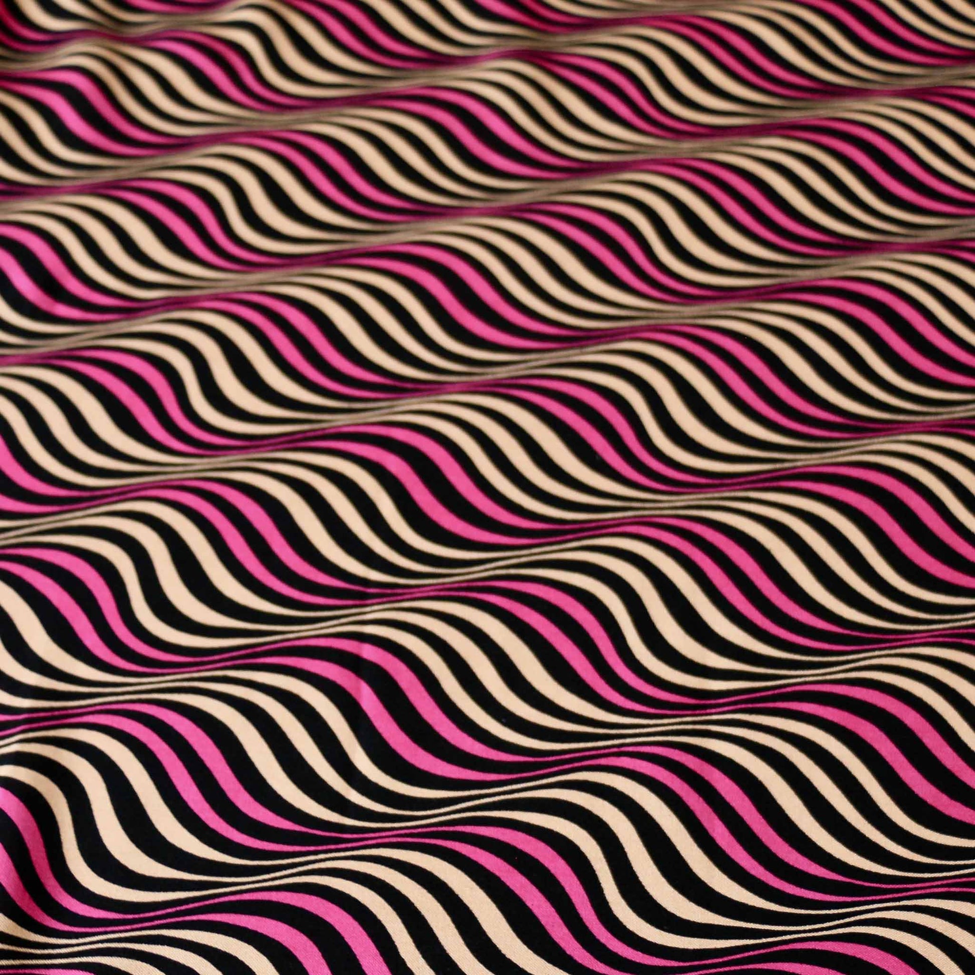 purple beige and black geometric wave pattern on viscose challis dressmaking rayon fabric