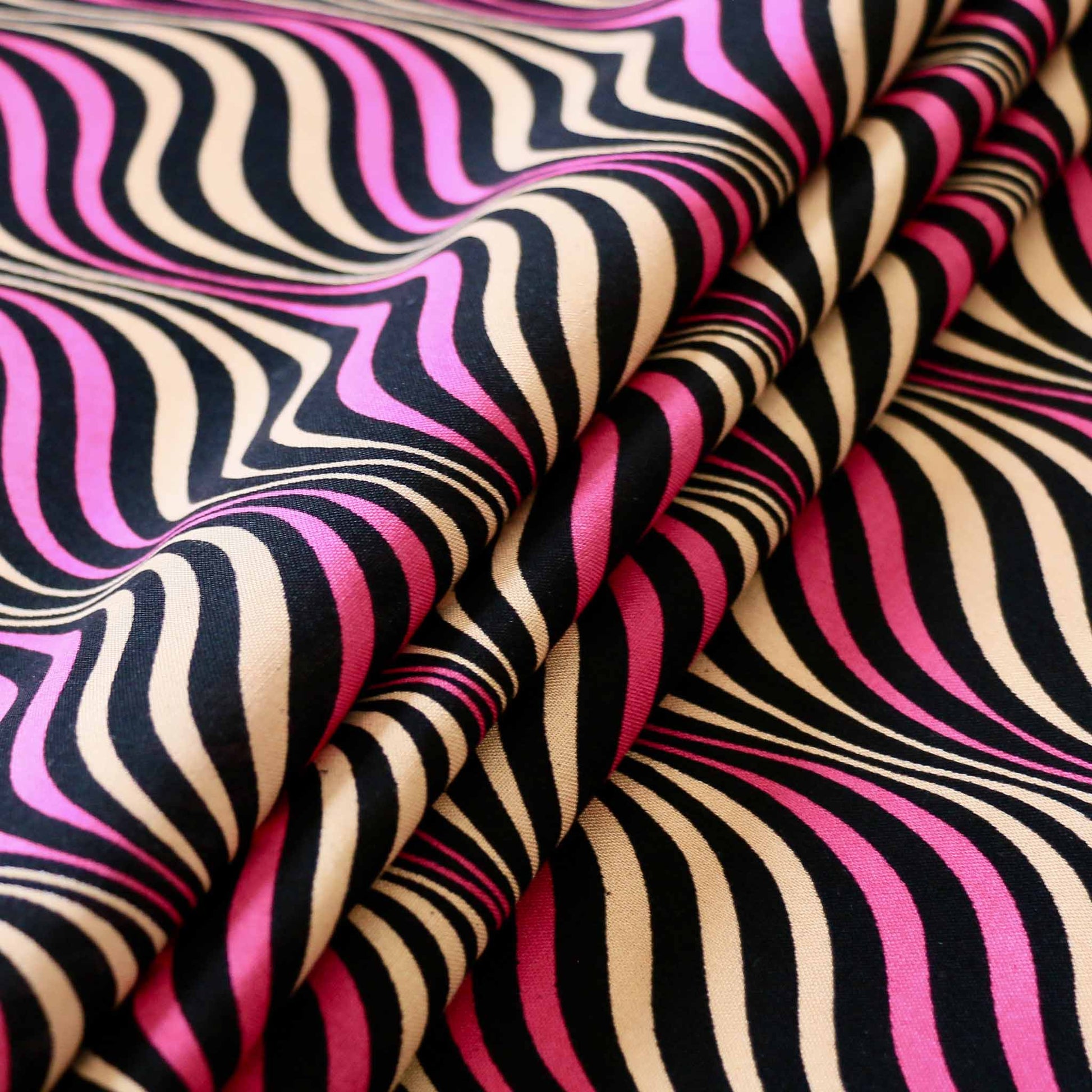 folded geometric pattern black purple and beige viscose challis dressmaking rayon