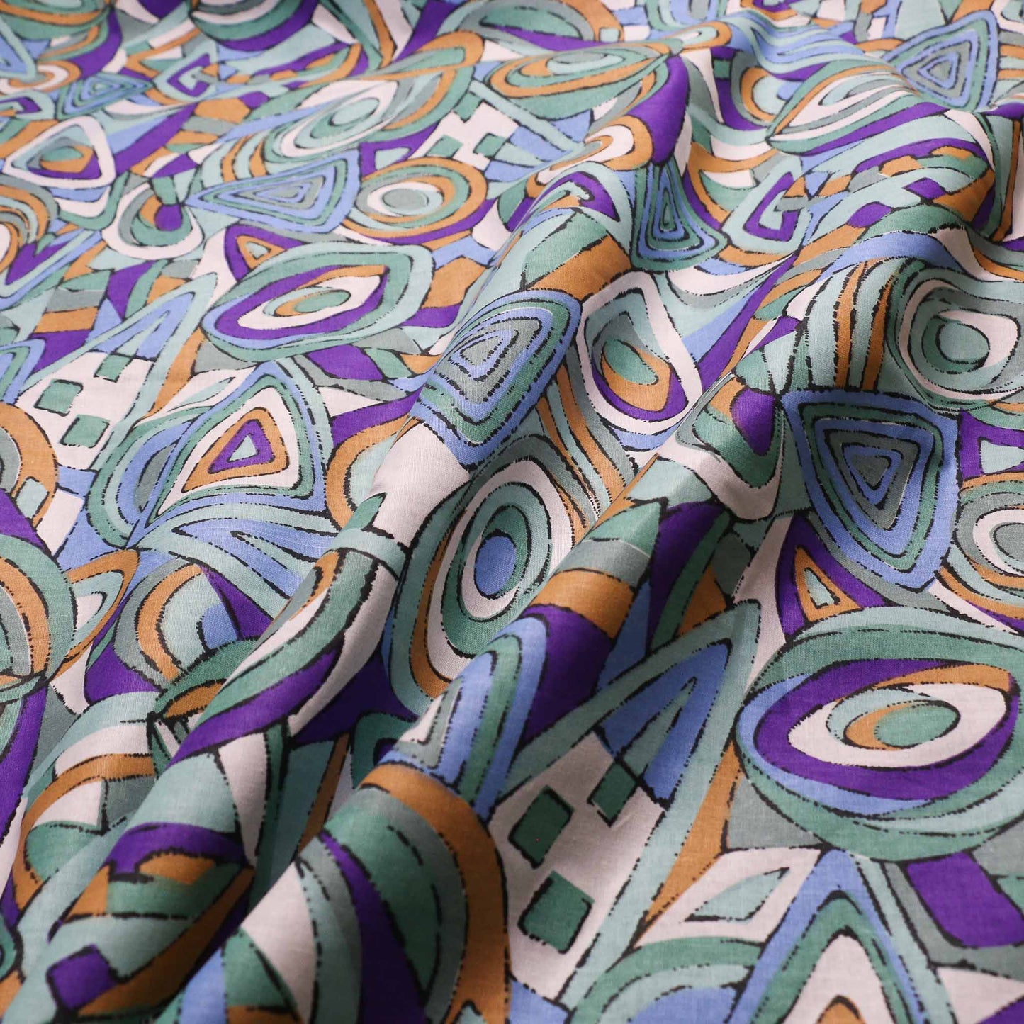 abstract lilac sage retro sustainable cotton poplin dress fabric with printed geometric pattern