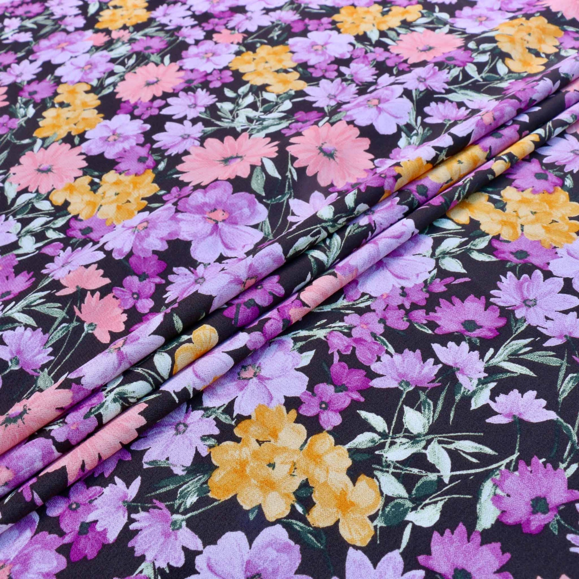 lilac and purple floral printed crepe de chine dressmaking fabric