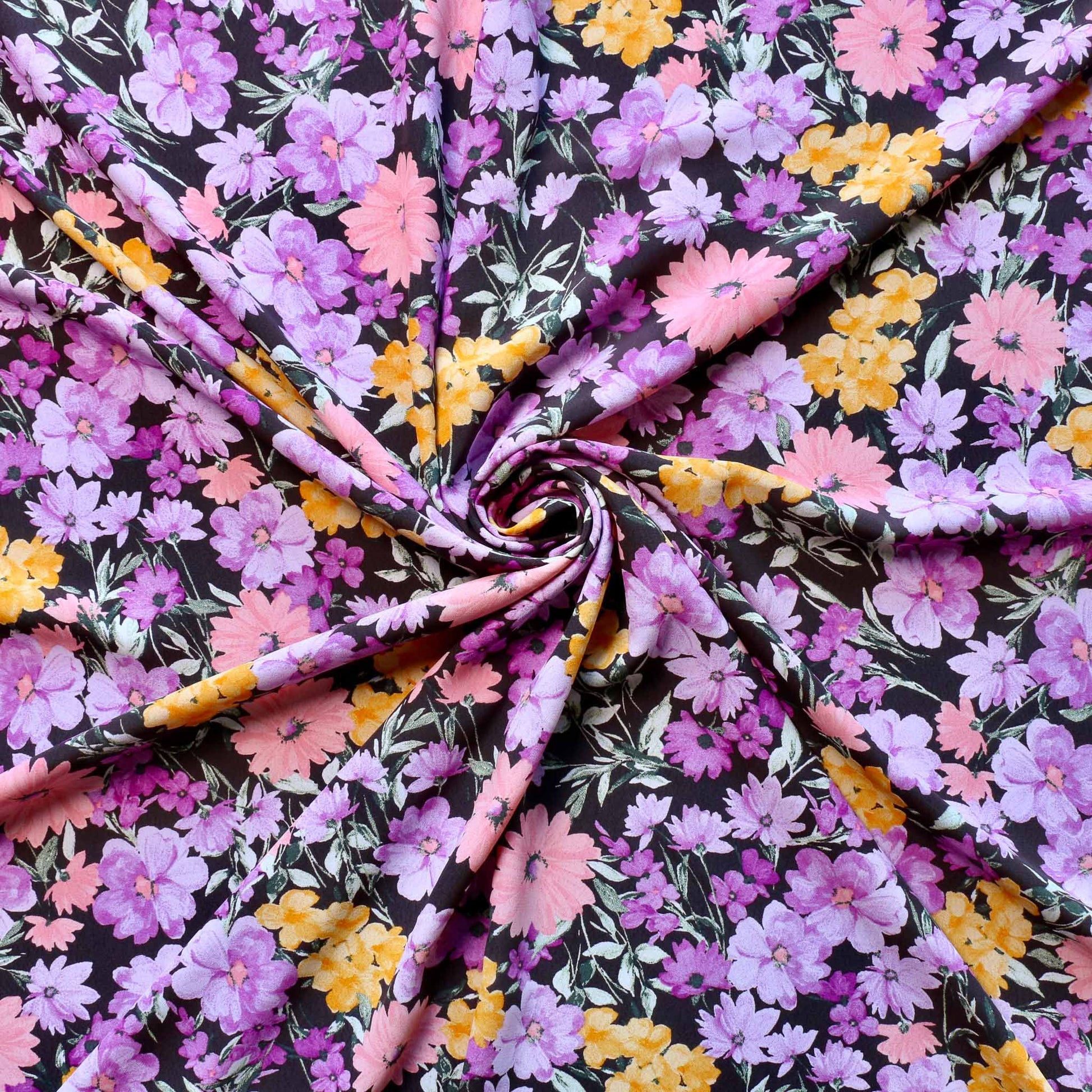 colour purple floral printed crepe de chine dressmaking fabric