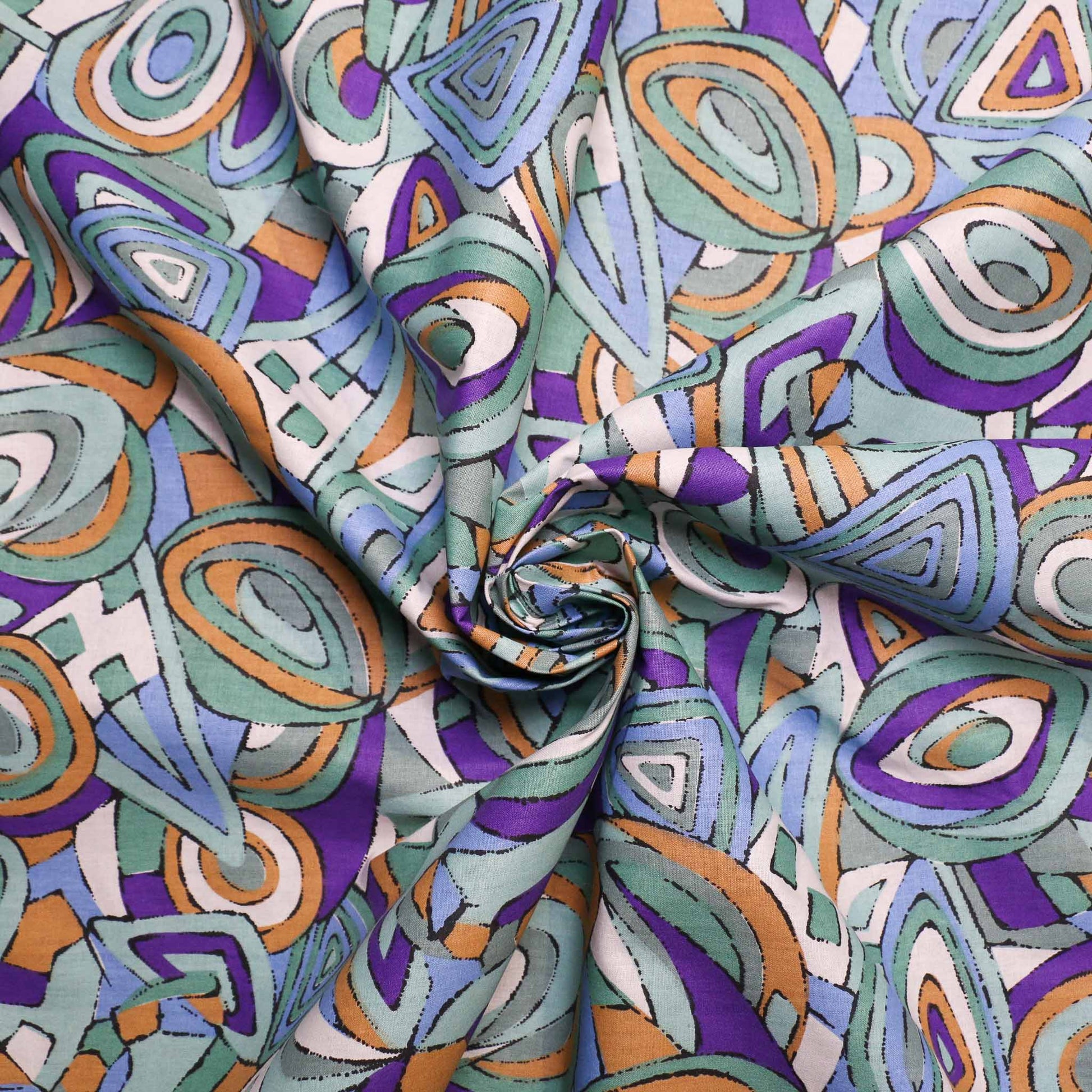 sustainable retro lilac sage cotton poplin dressmaking fabric with geometric print