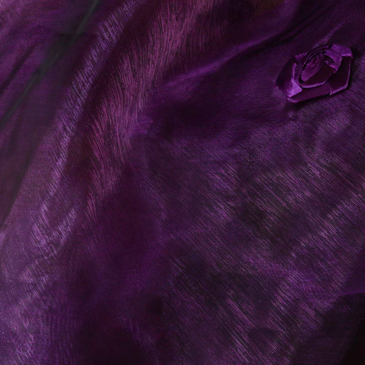 purple organza dressmaking fabric with satin rose embellishment for dressmaking