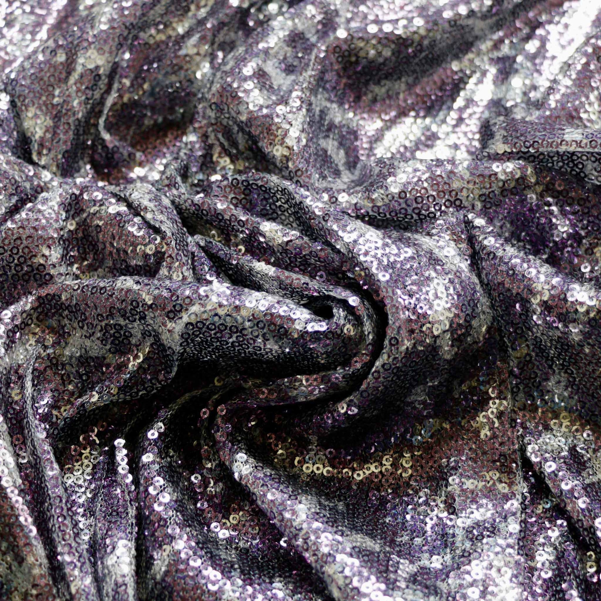 metallic silver and purple sequin animal skin design mesh dressmaking fabric
