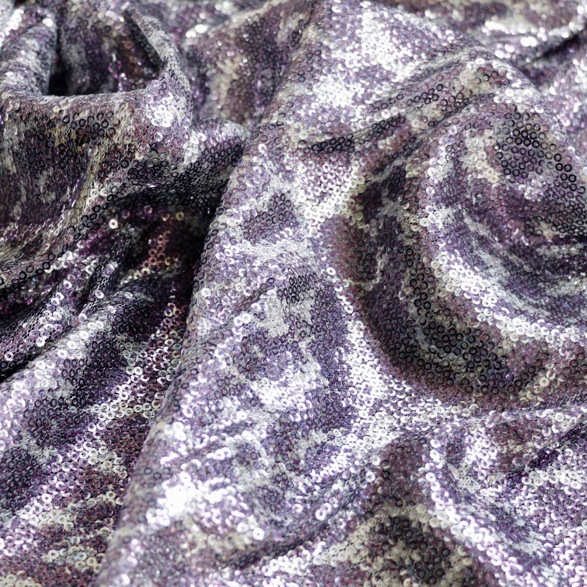 purple and silver animal skin design sequin mesh dressmaking fabric