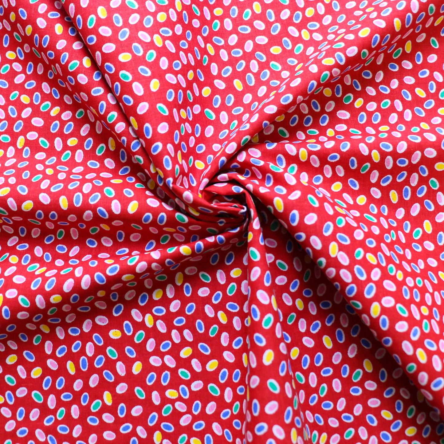 red sustainable vintage cotton dressmaking poplin fabric with ditsy dot print