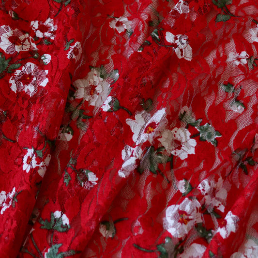 red dressmaking stretchy lace with white floral design