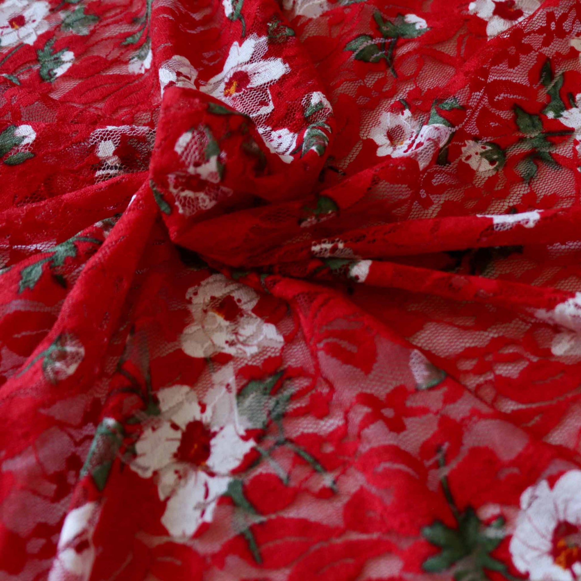red floral lace dressmaking stretchy fabric with white flowers