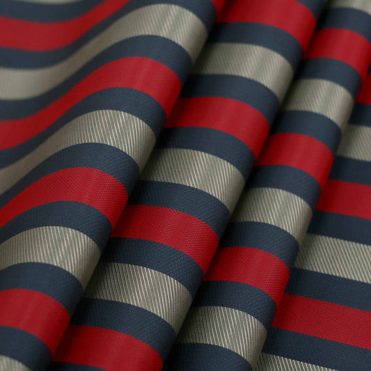 striped red navy and beige twill lining viscose dressmaking fabric