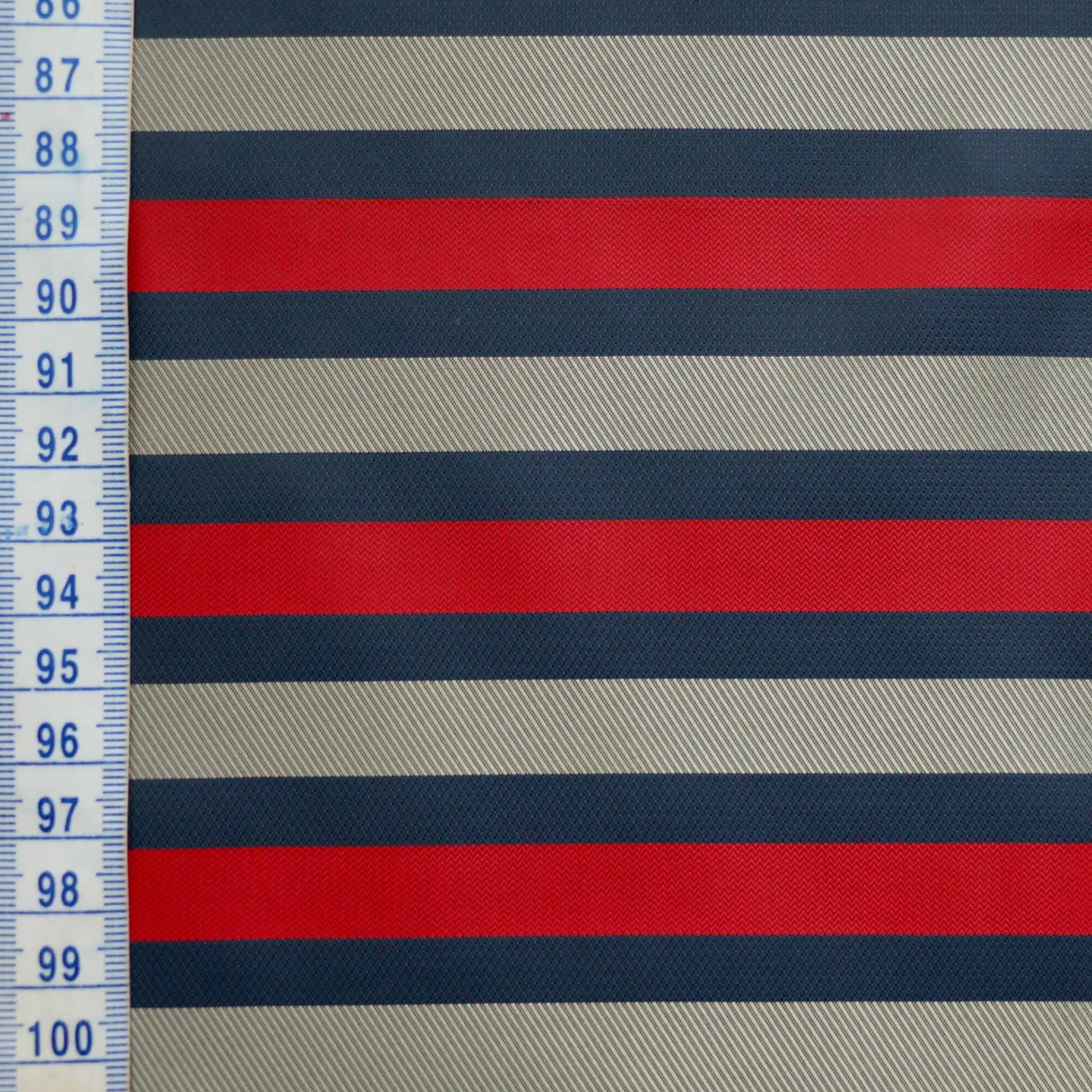 metre twill viscose lining fabric with red navy and grey stripe design