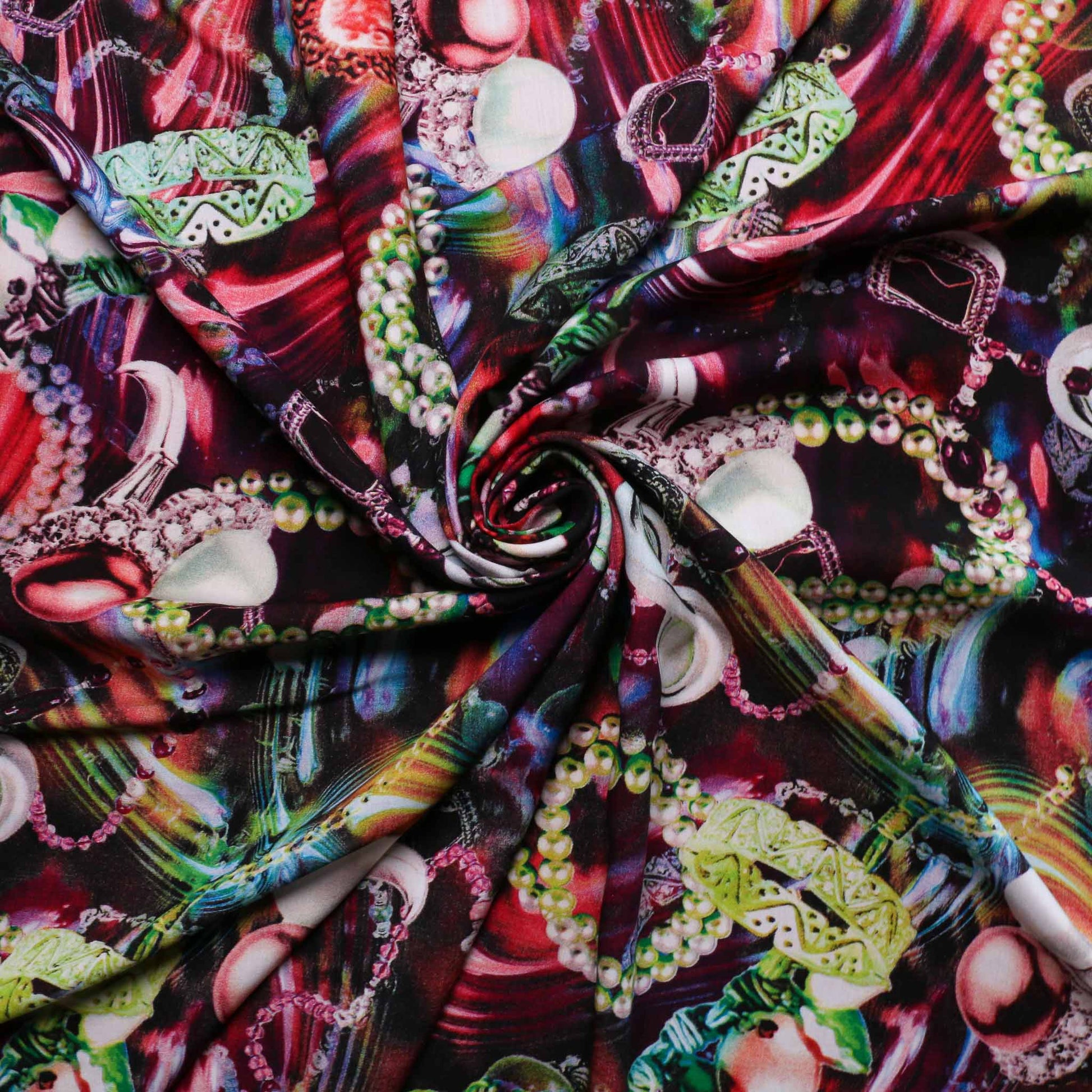 pink red viscose challis dressmaking rayon fabric with multicoloured jewellery print