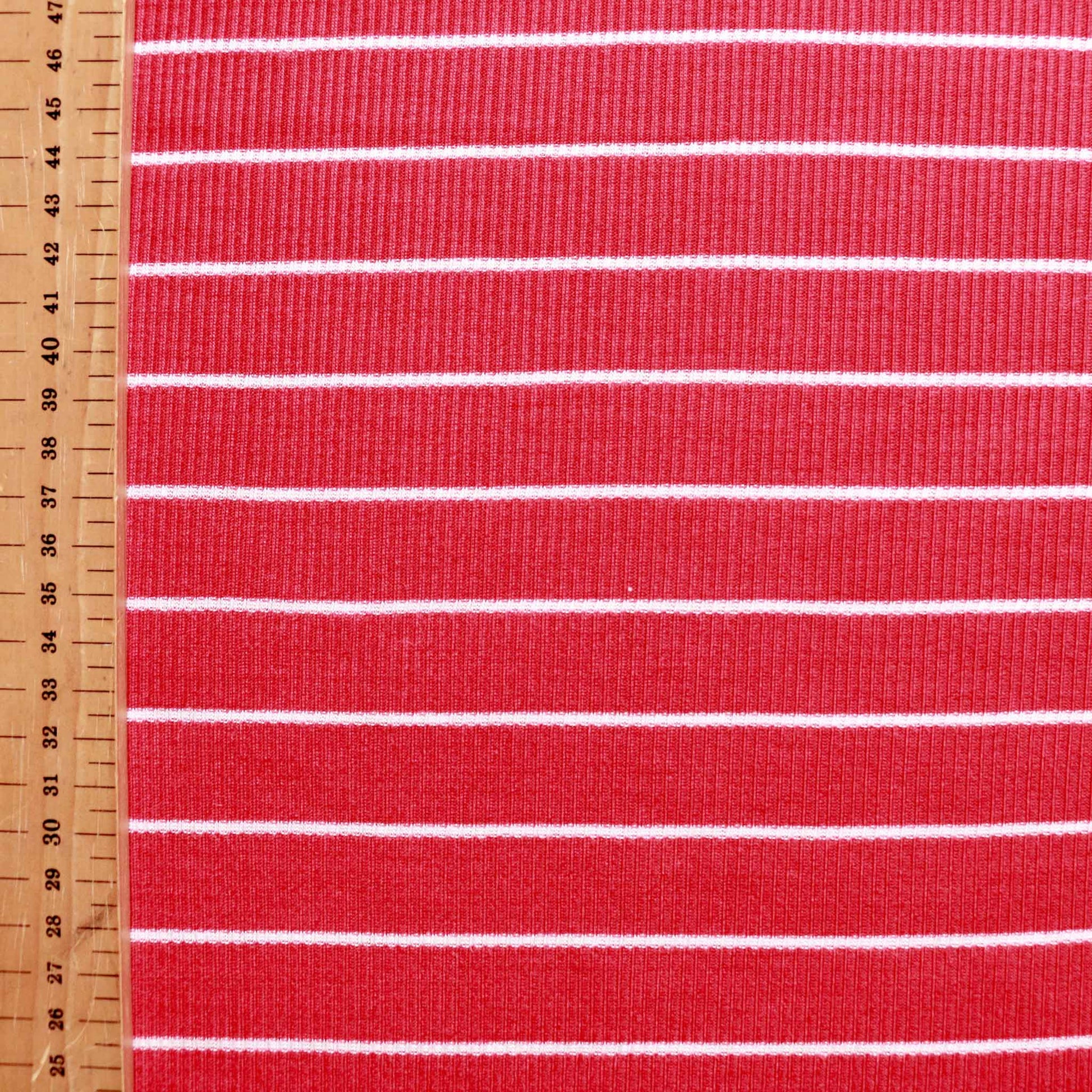 rib jersey knit stretchy viscose dressmaking fabric in red and white stripe