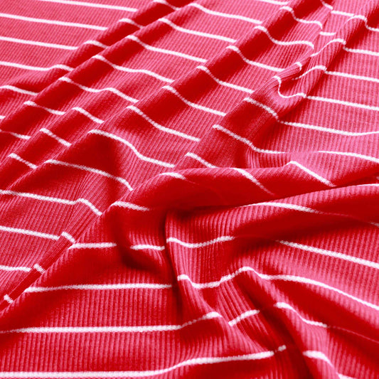 red rib jersey dressmaking viscose fabric with white stripe