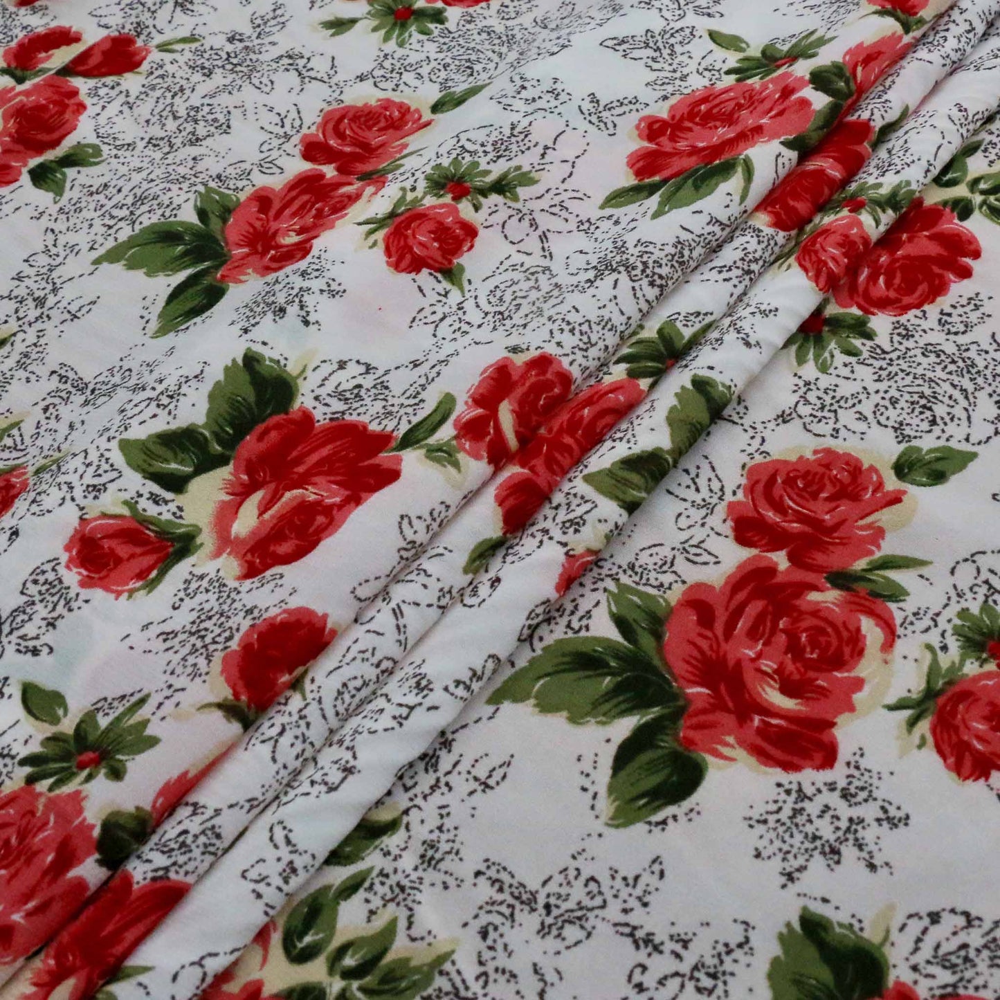 rose flower print on white and red chiffon polyester dressmaking fabric