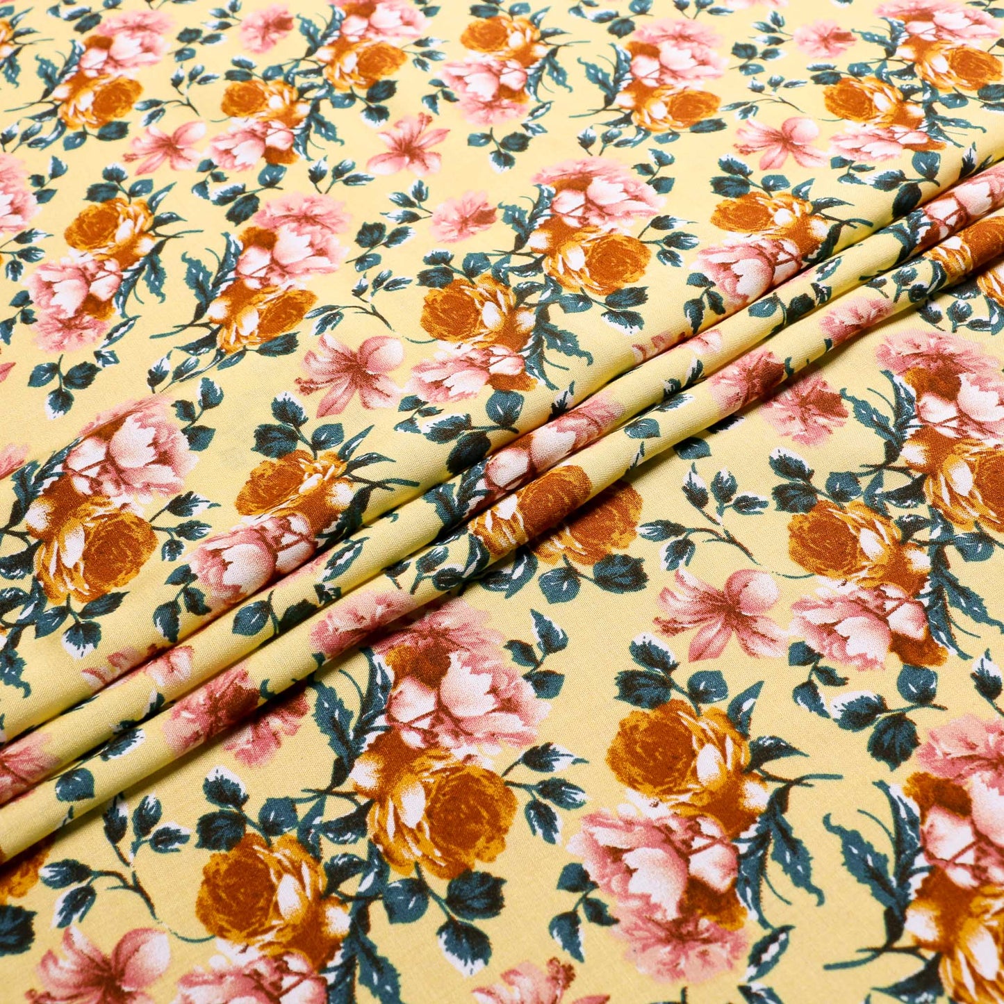 yellow viscose challis dressmaking fabric with rose flower