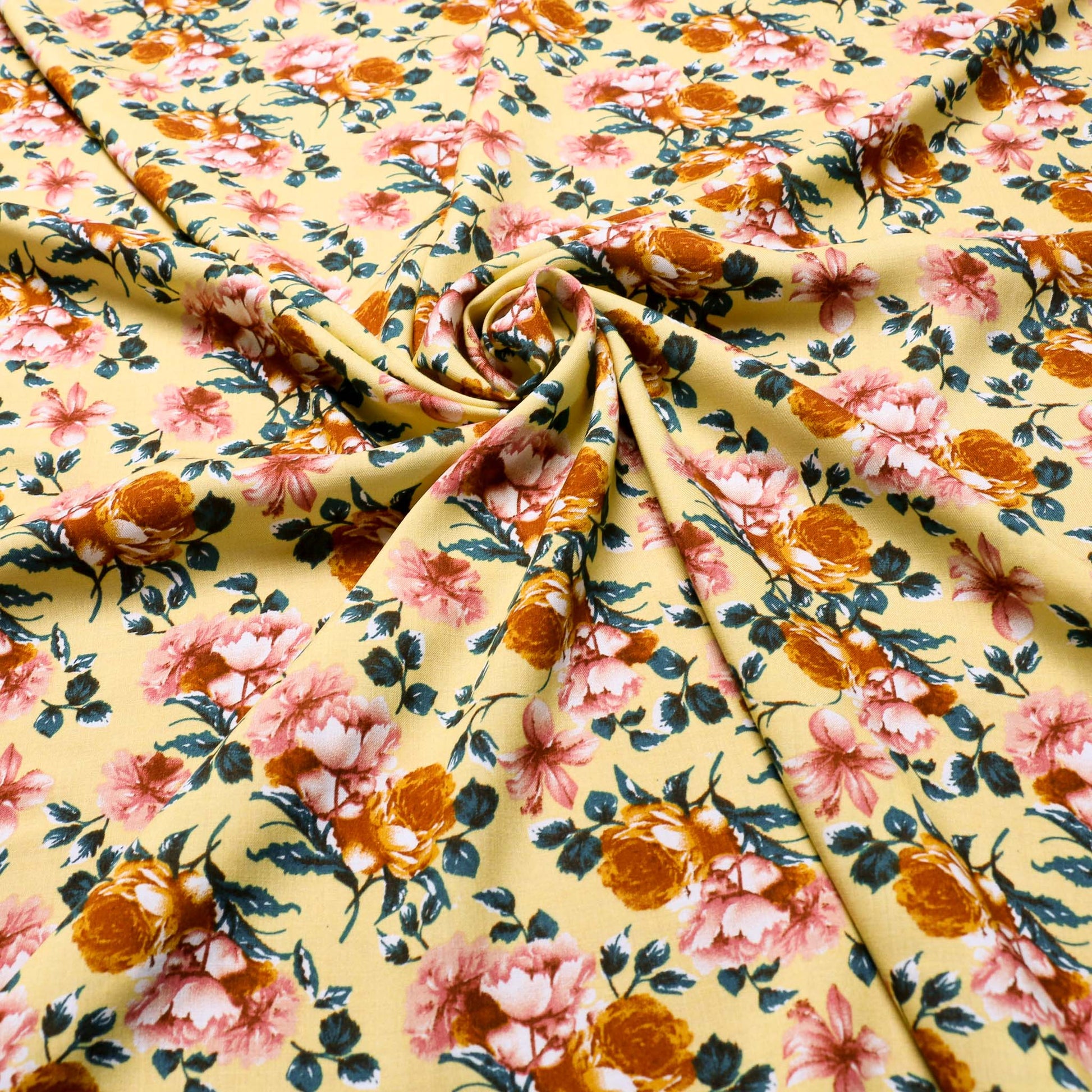 yellow floral rose viscose challis dressmaking fabric