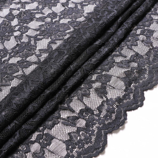 scalloped edge corded lace dress fabric in black