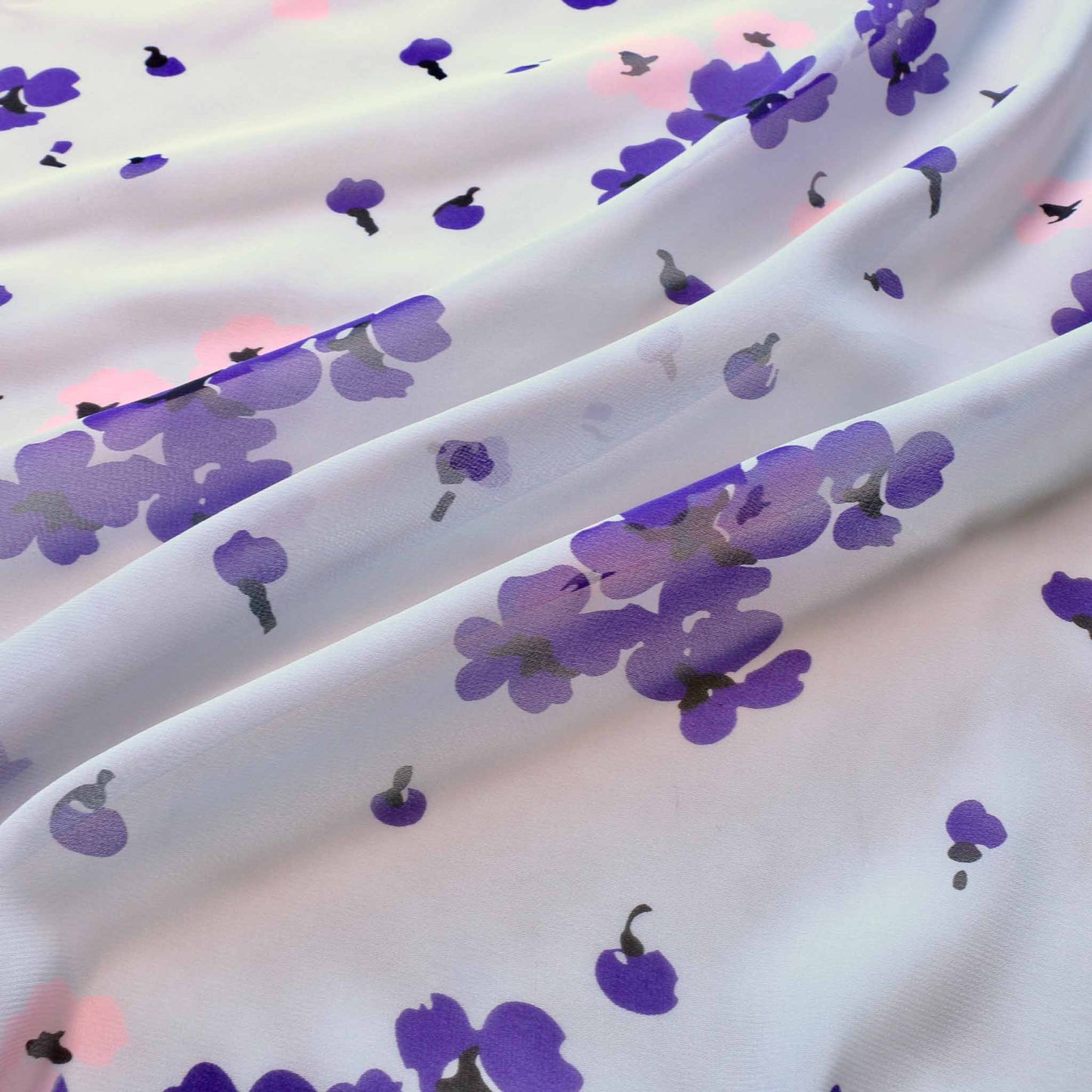 silk white and purple floral chiffon dressmaking fabric