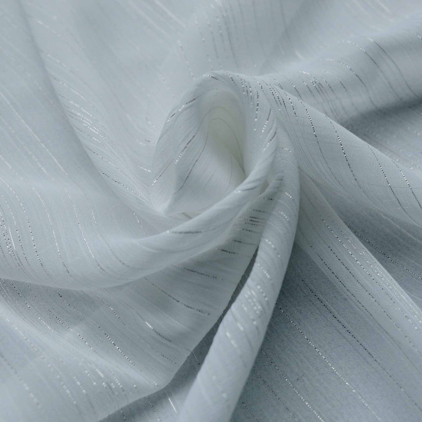silver metallic pinstripe on white crinkle chiffon dressmaking fabric