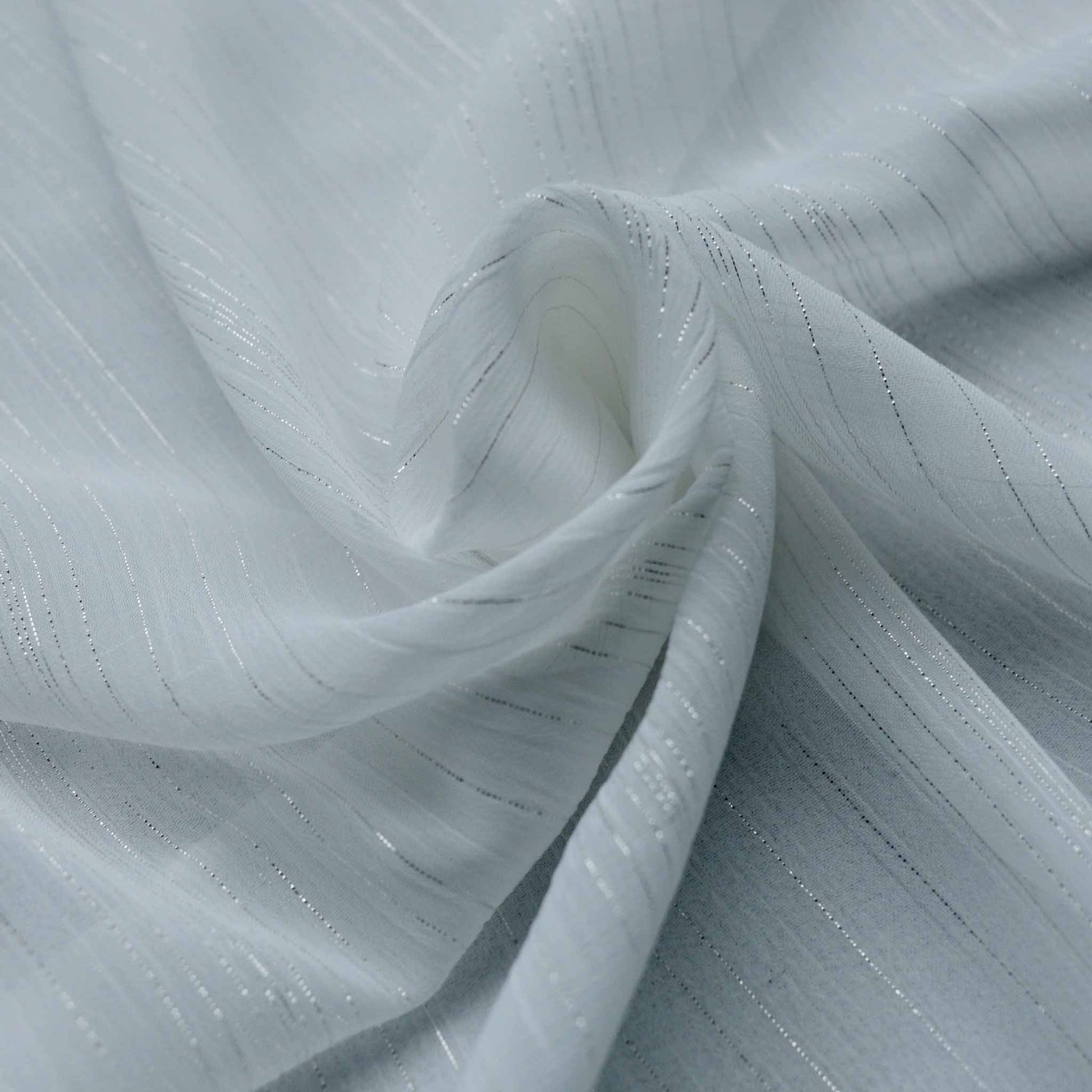silver metallic pinstripe on white crinkle chiffon dressmaking fabric