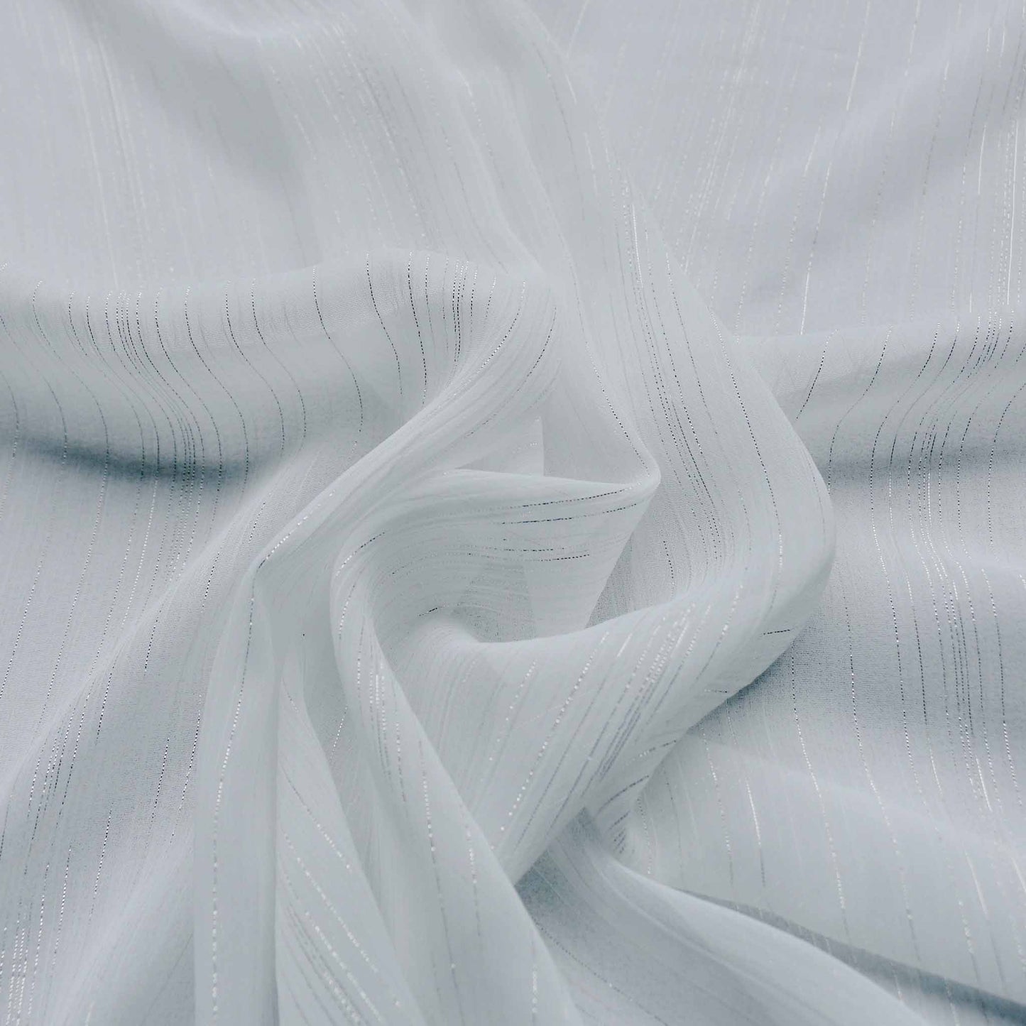 white and silver metallic pinstripe chiffon crinkle dressmaking polyester fabric