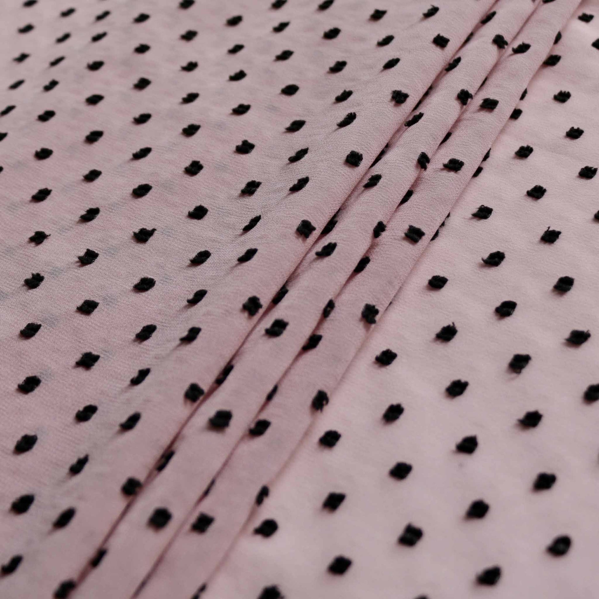 pink and black swiss dot dobby chiffon dressmaking fabric
