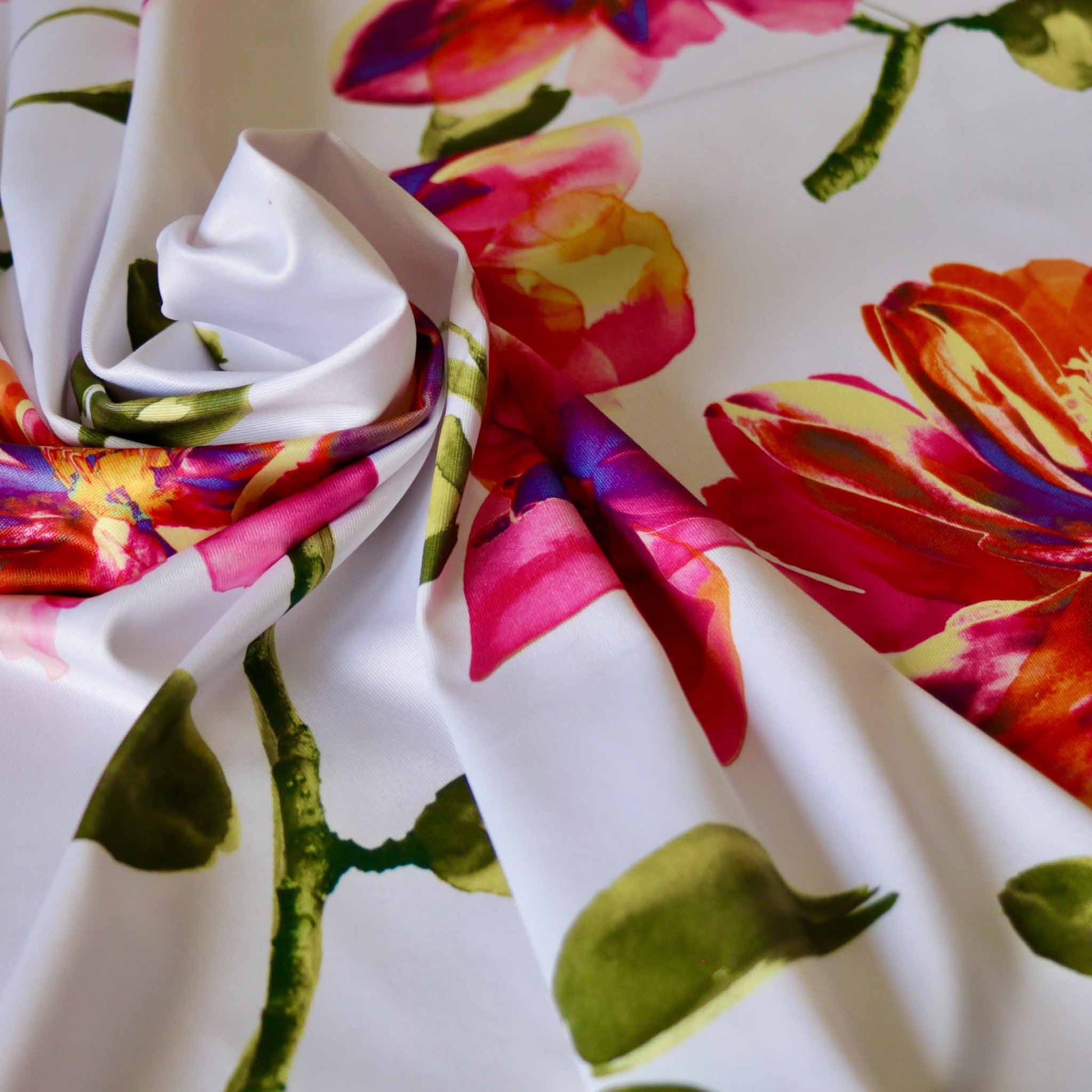 white lycra fabric with pink and red magnolia floral print fabric for dressmaking