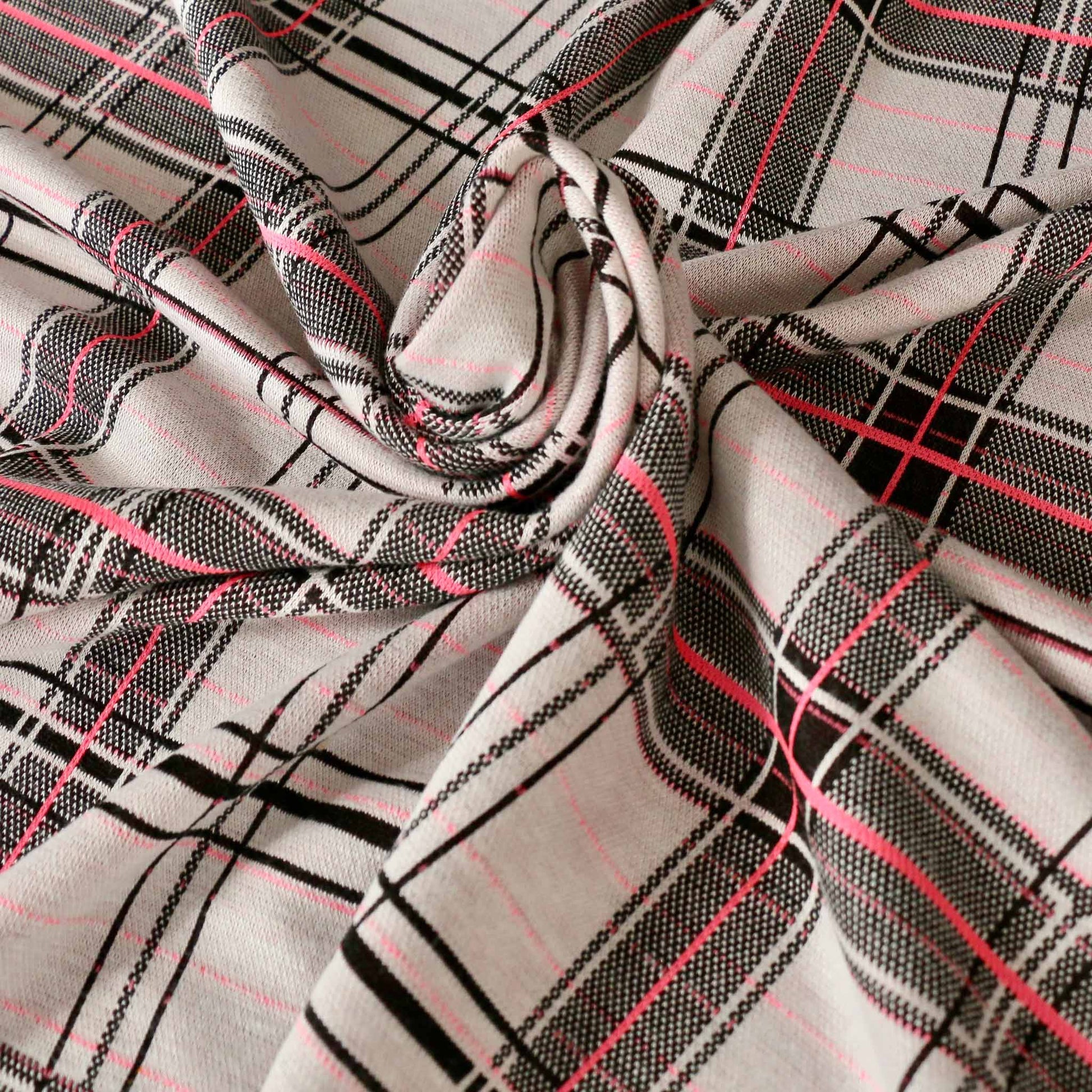 ponte roma jersey dressmaking fabric with white and pink check pattern