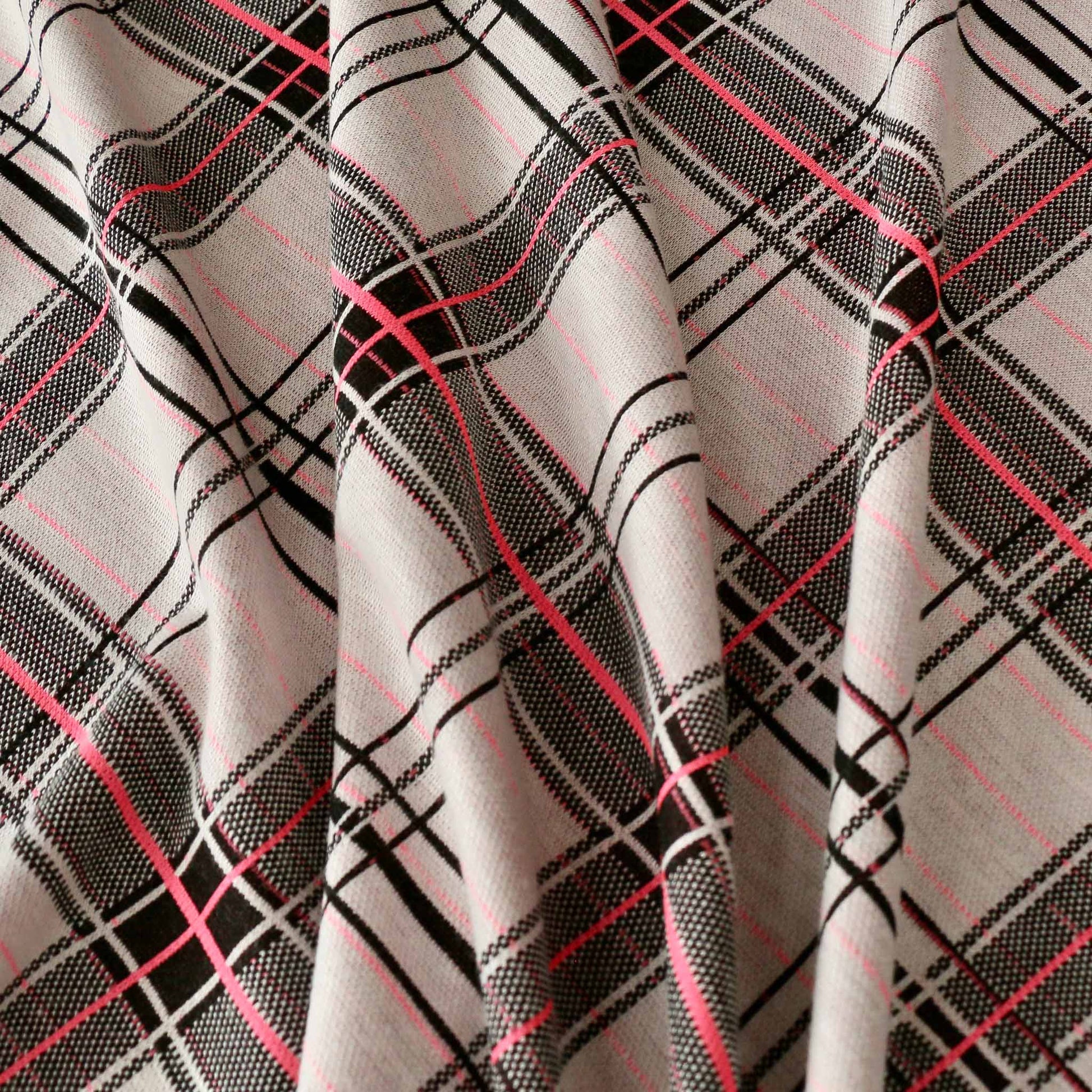 white and pink ponte roma jersey knit dressmaking fabric with check pattern
