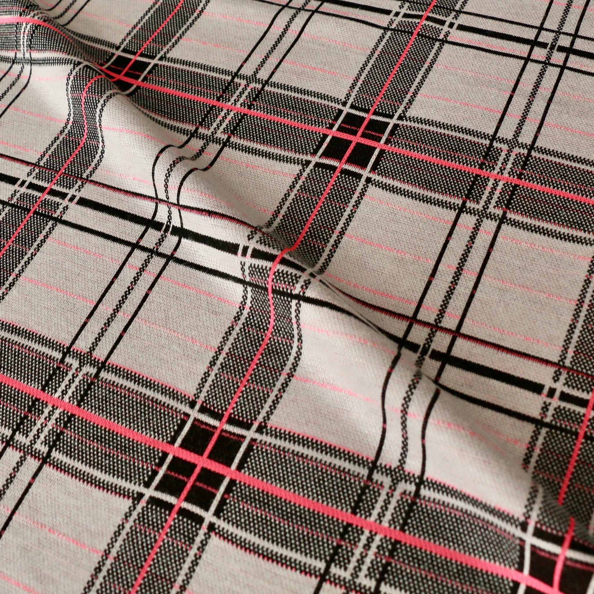 ponte roma jersey knit dressmaking fabric with pink and white check design