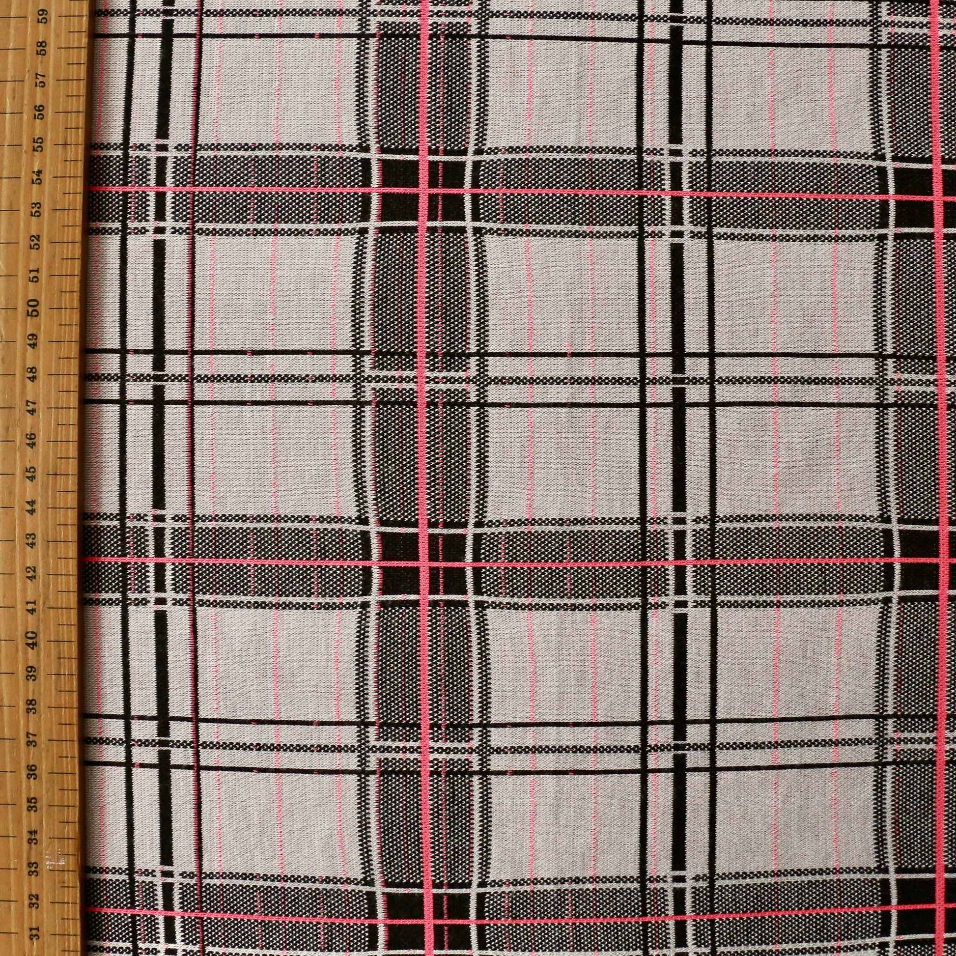 metre check design ponte roma jersey knit dressmaking fabric in pink and white