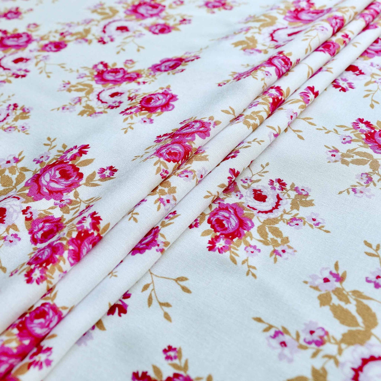 white and pink delicate rose printed viscose challis dressmaking rayon fabric