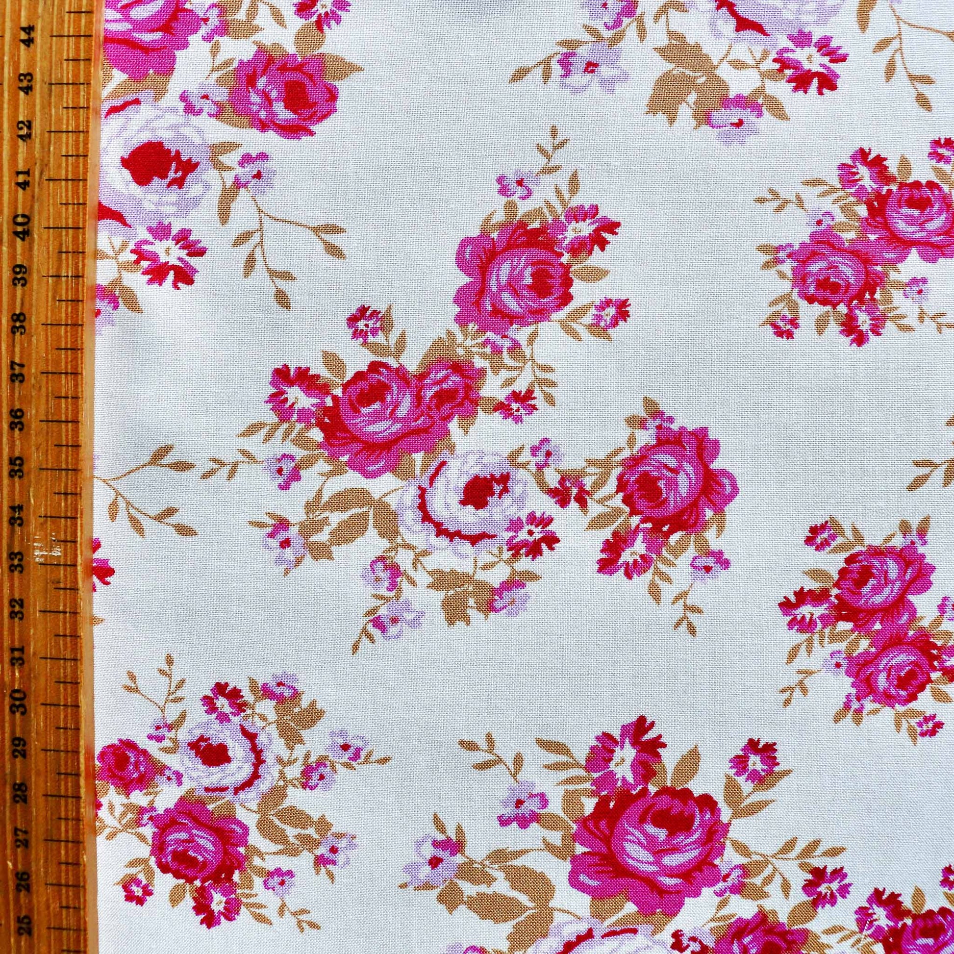 metre white and pink floral roses printed viscose challis dressmaking rayon fabric