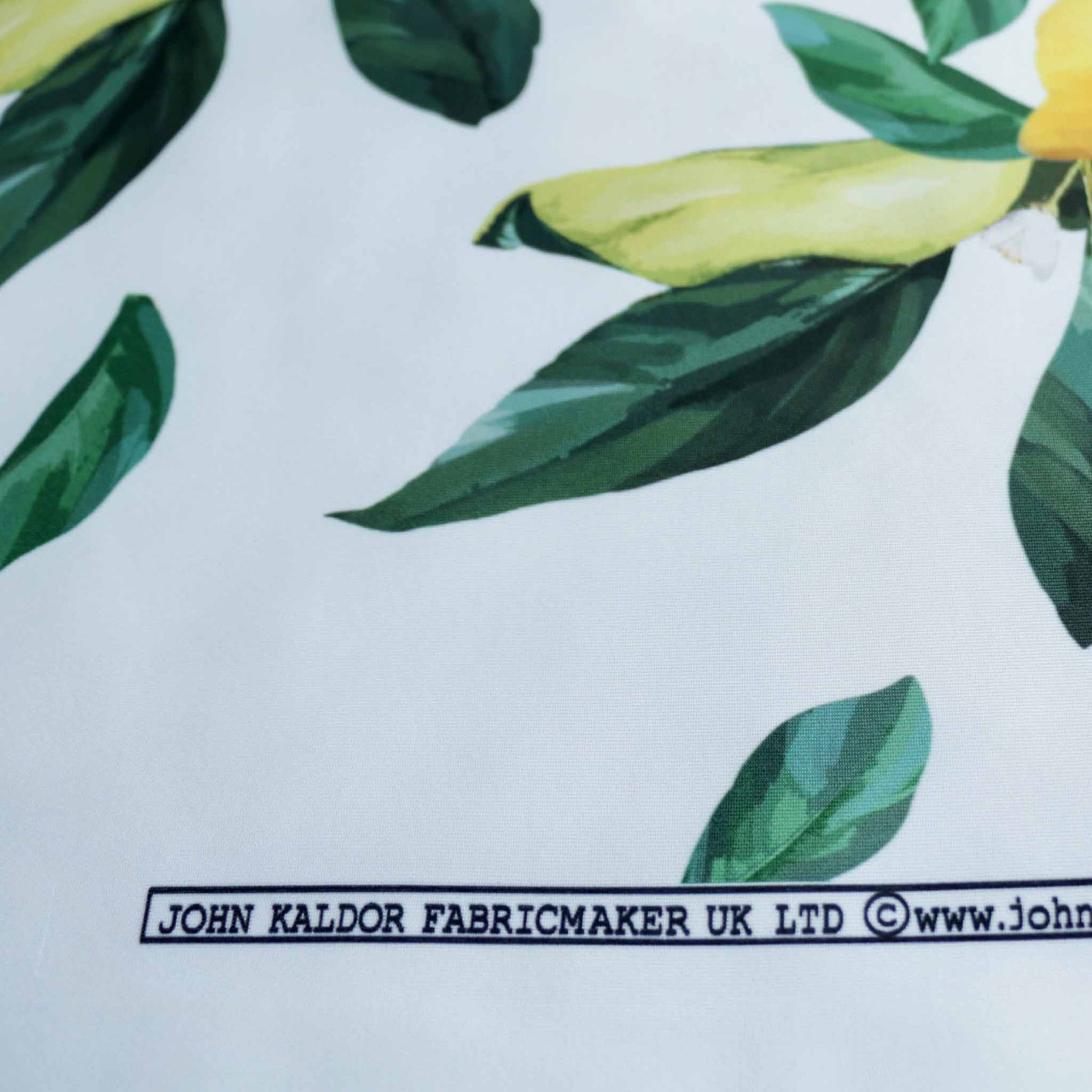large lemons printed on white scuba jersey dressmakers fabric by designer John Kaldor uk