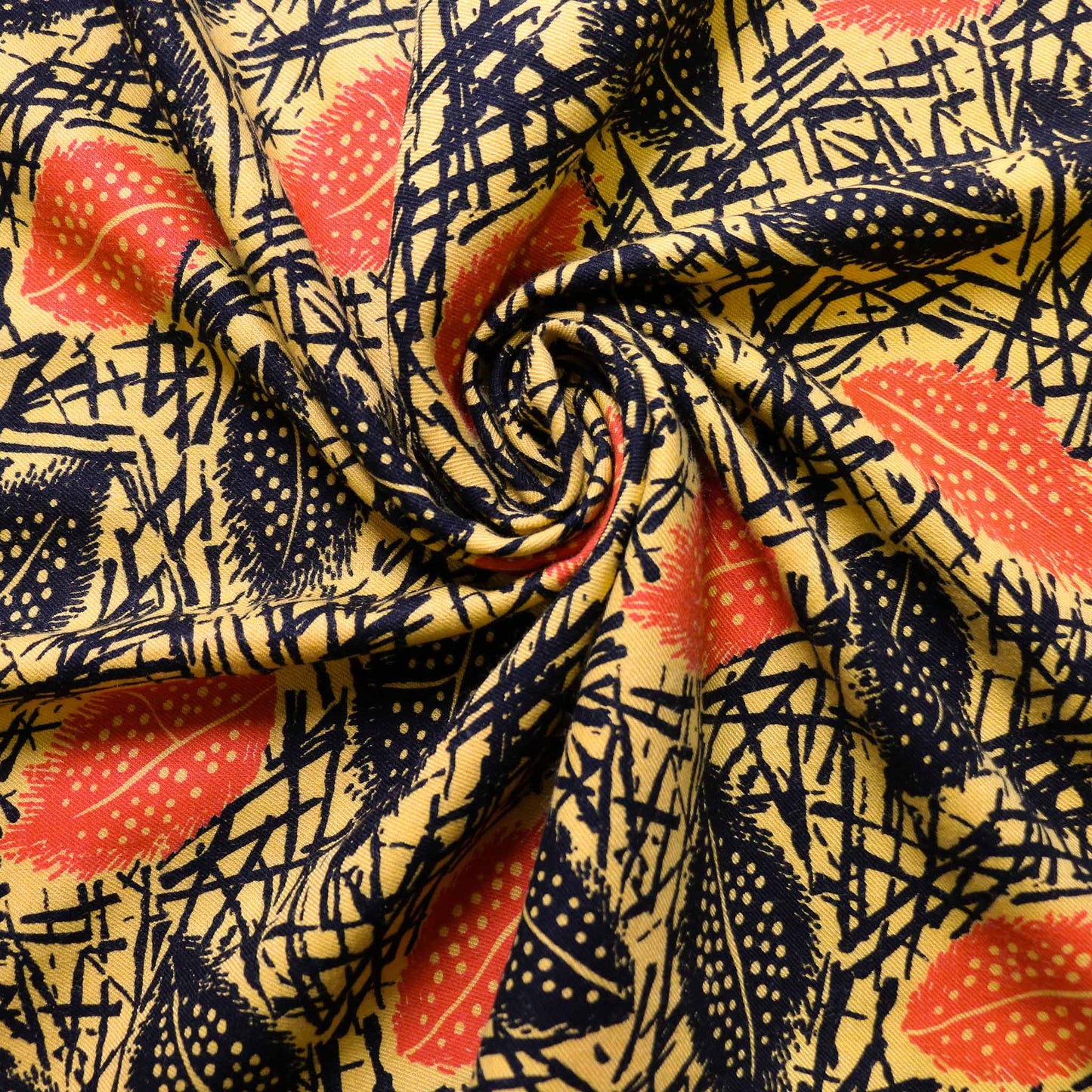 yellow vintage cotton twill fabric for sustainable dressmaking with printed leaves design